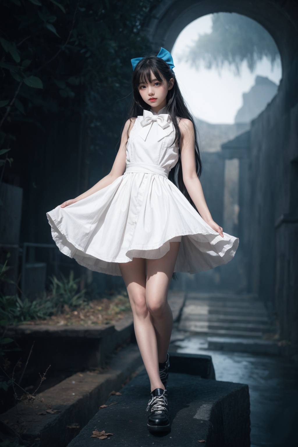 cinematic lighting,image fill,masterpiece,best quality,super detail,HD,textured skin,(fantasy),(mythical),(mystical atmosphere),(intricate details),((1girl)),((Floating)),in front of the monster,monster behind the girl,1girl,ahoge,bangs,bare legs,black bow,blue background,blue dress,blue eyes,blue footwear,bow,dress,female child,flat color,floating hair,full body,hair bow,long hair,looking at viewer,solo,standing,two-tone footwear,very long hair,white bow,white footwear,white hair,