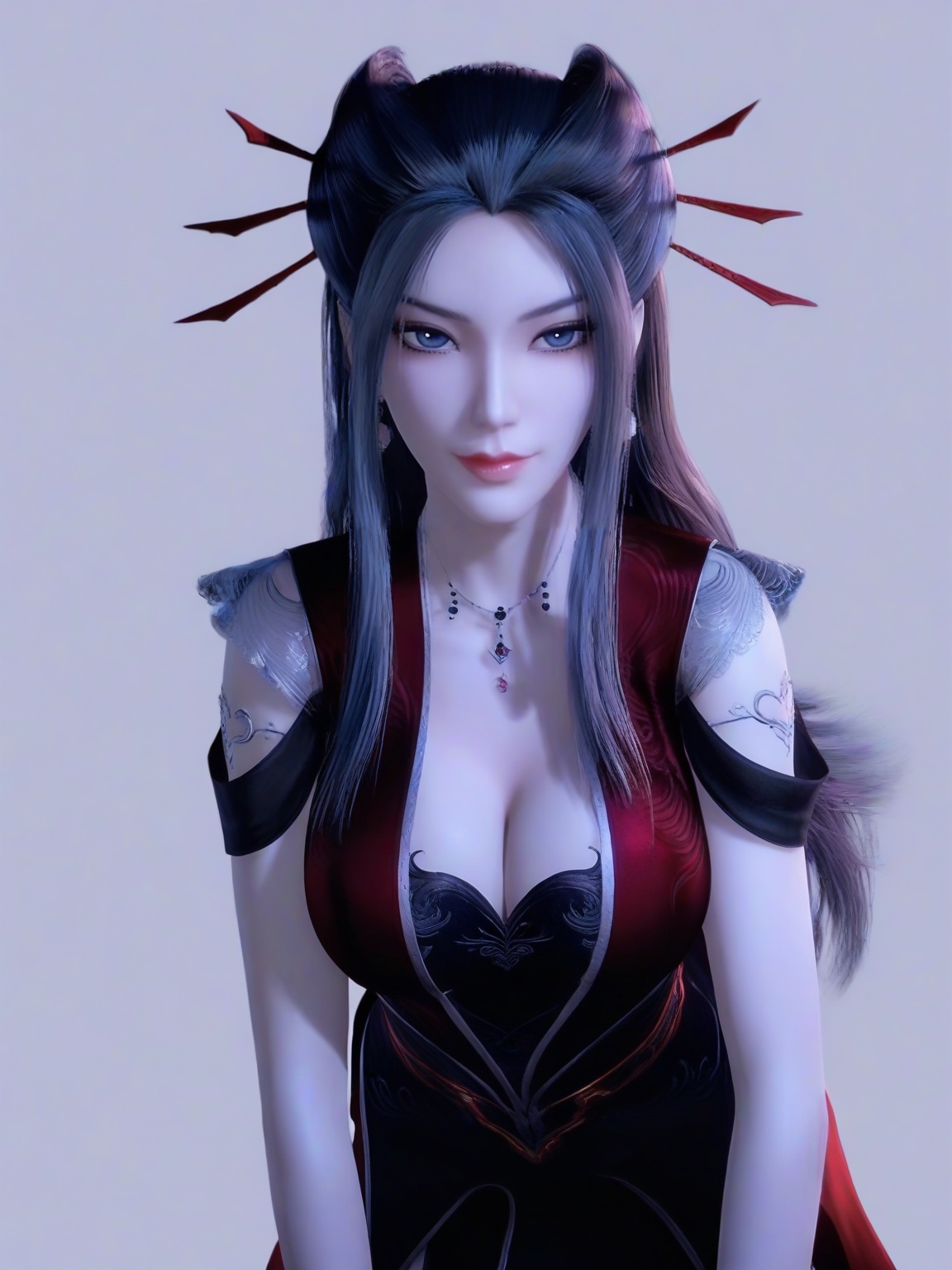 score_9,1girl,solo,dress,long hair,standing,earrings,hair ornament, eyelashes, large breasts, standing,lipstick,cowboy shot, looking at viewer,simple background,<lora:SF_YanLingJiRedClothes_Pony_Realism2.3-000004:0.7>,