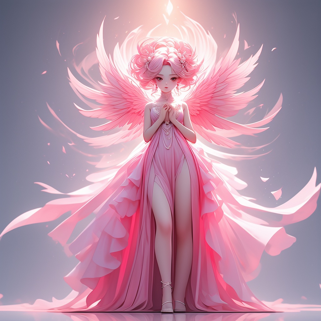1girl,wings,knee,Embrace chest with both hands,full body,long dress,white pink theme,(((masterpiece,best quality))),((good structure)),((Good composition)), ((clear, original,beautiful))