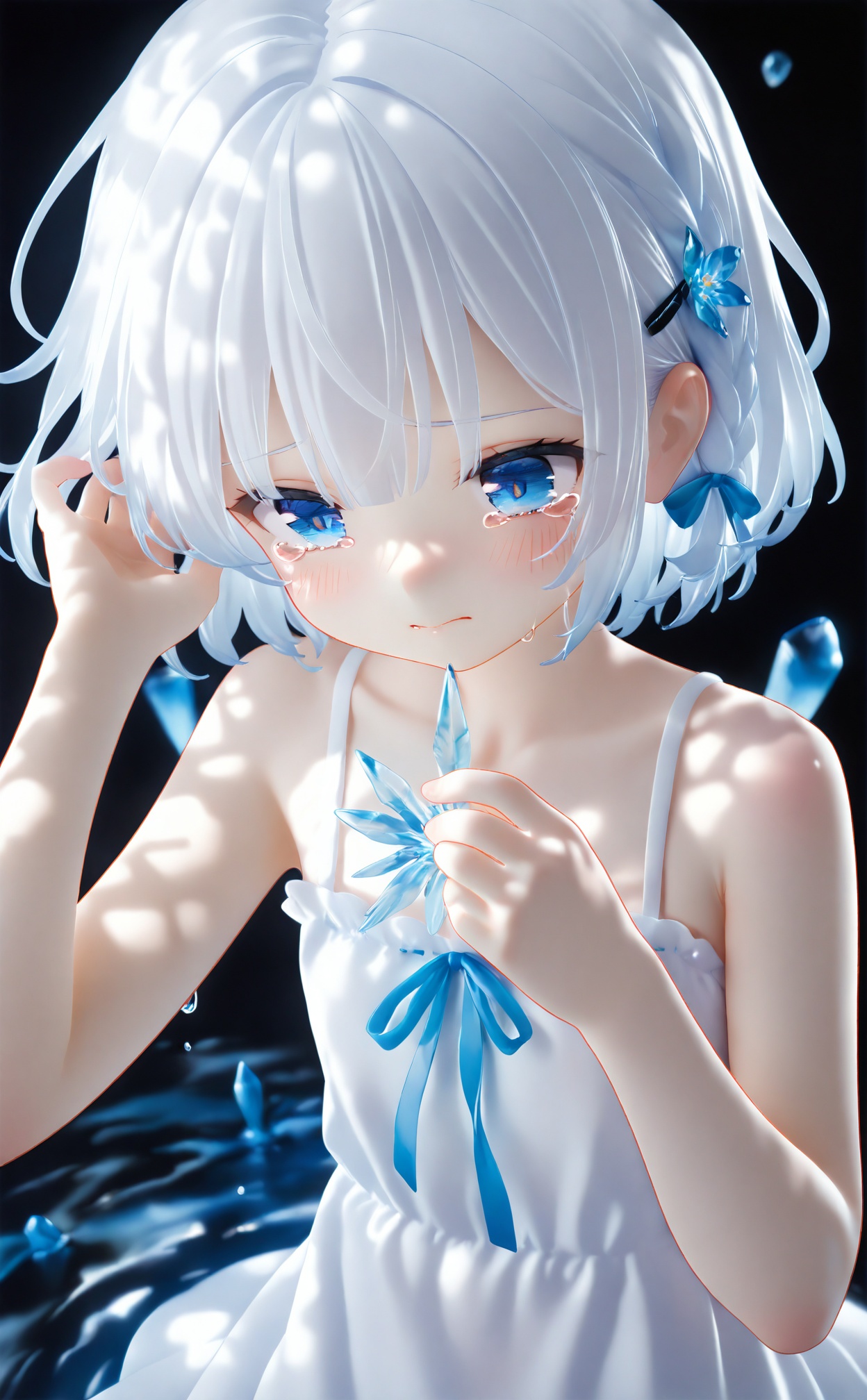 masterpiece,loli,1 girl,loli,White Dress,White short hair,braids,lily flower hair clip,upper body,cry,water,black background,Ice crystal,dappled sunlight,Suspended colorless crystal,beautiful detailed glow,(detailed ice),beautiful detailed water,<lora:pvc3——【Illustrious】hans:0.8>,
