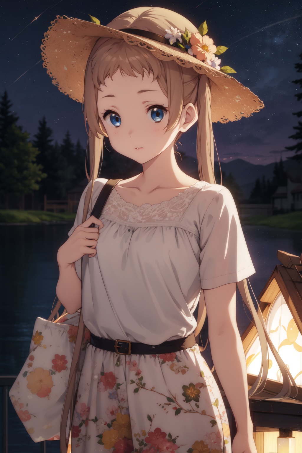 <lora:Sanae-000014:0.8>,Sanae CYQL,1girl,looking at viewer,solo,blonde hair,very long hair,long hair,twintails,brown hair,blue eyes,Linen jumpsuit, espadrilles, rattan tote bag, sunglasses, straw hat,sleepy,upper_body,Lake, Moonlight, Reflection, Stars, Trees, Tranquility, Night sounds, Campfire,(Maple trees, Pumpkin patches, Fall foliage, Crisp air, Harvest time, New England landscape:0.5),beautiful detailed sky,beautiful detailed glow,posing in front of a colorful and dynamic background,masterpiece,best quality,beautiful and aesthetic,contrapposto,female focus,wallpaper,