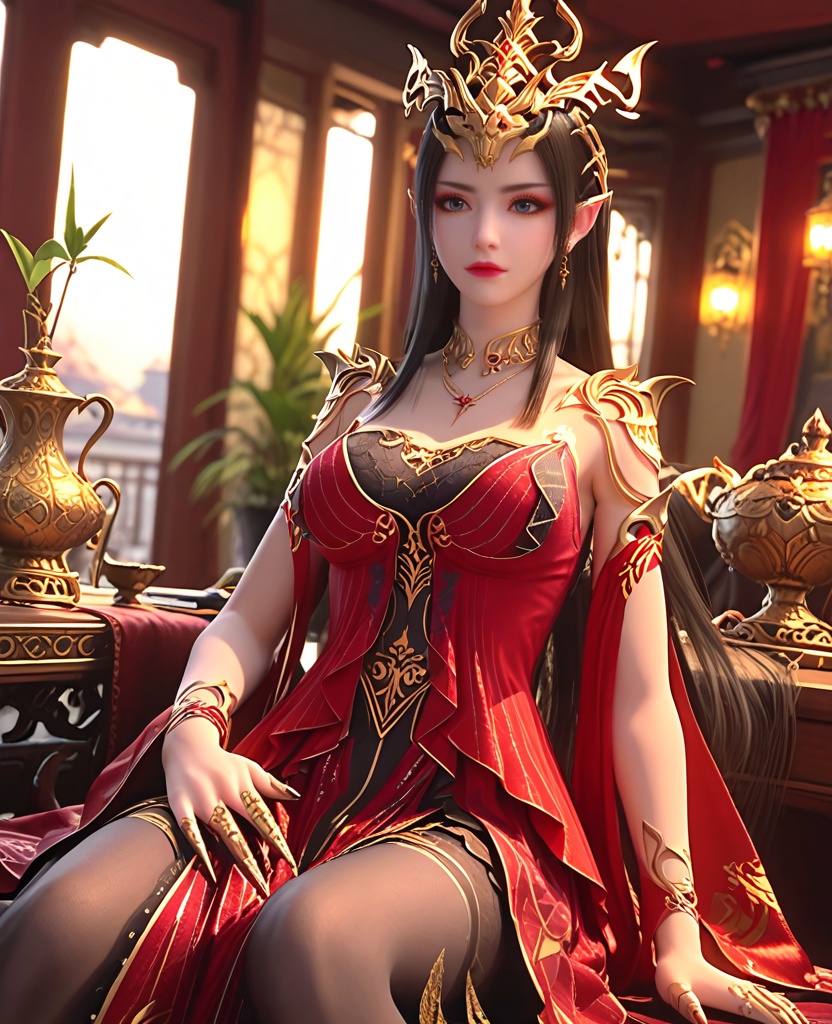 (oriental architecture, elegant decor, sophisticated style:1.1),(sitting:1.1),(breasts:1.2),<lora:XL斗破苍穹美杜莎女王装:0.85>,meidusha queen,red fringed dress layered on top of lace corset bra,red fringed dress,lace corset bra,shoulder armor,bare shoulders,pointy ears,crown,black hair,long hair,jewelry,earrings,necklace,detached sleeves,pantyhose,lace inner skirt,blue eyes,, score_9,score_8_up,score_7_up,score_6_up,score_5_up,score_4_up,3d rendering,tag1,tag2, Cinematic Lighting,backlighting,