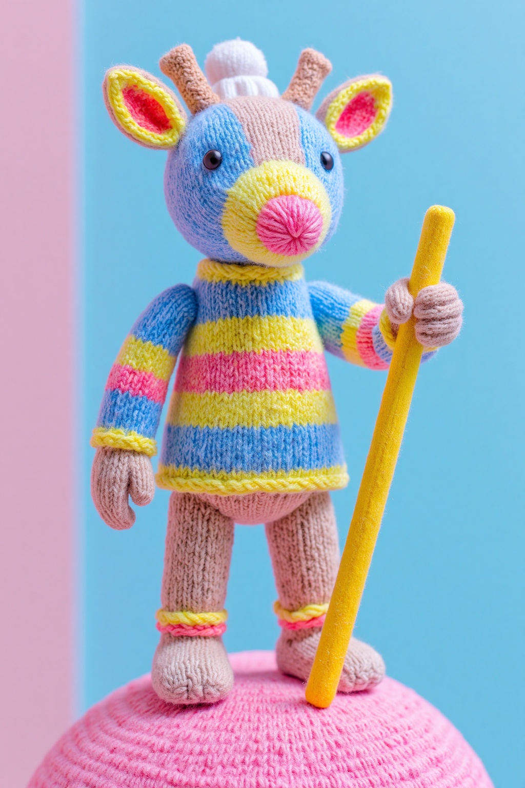 beijihui,Captured at eye-level on a vibrant day,a close-up of a knitted toy reindeer,adorned with bright yellow and pink stripes,stands atop a pink ball. The toy,dressed in a blue sweater,blue pants,and a white beanie,is holding a yellow stick in his right hand,while his left hand is resting on the tip of the ball. In the background,a light blue wall can be seen,adding a pop of color to the scene.,