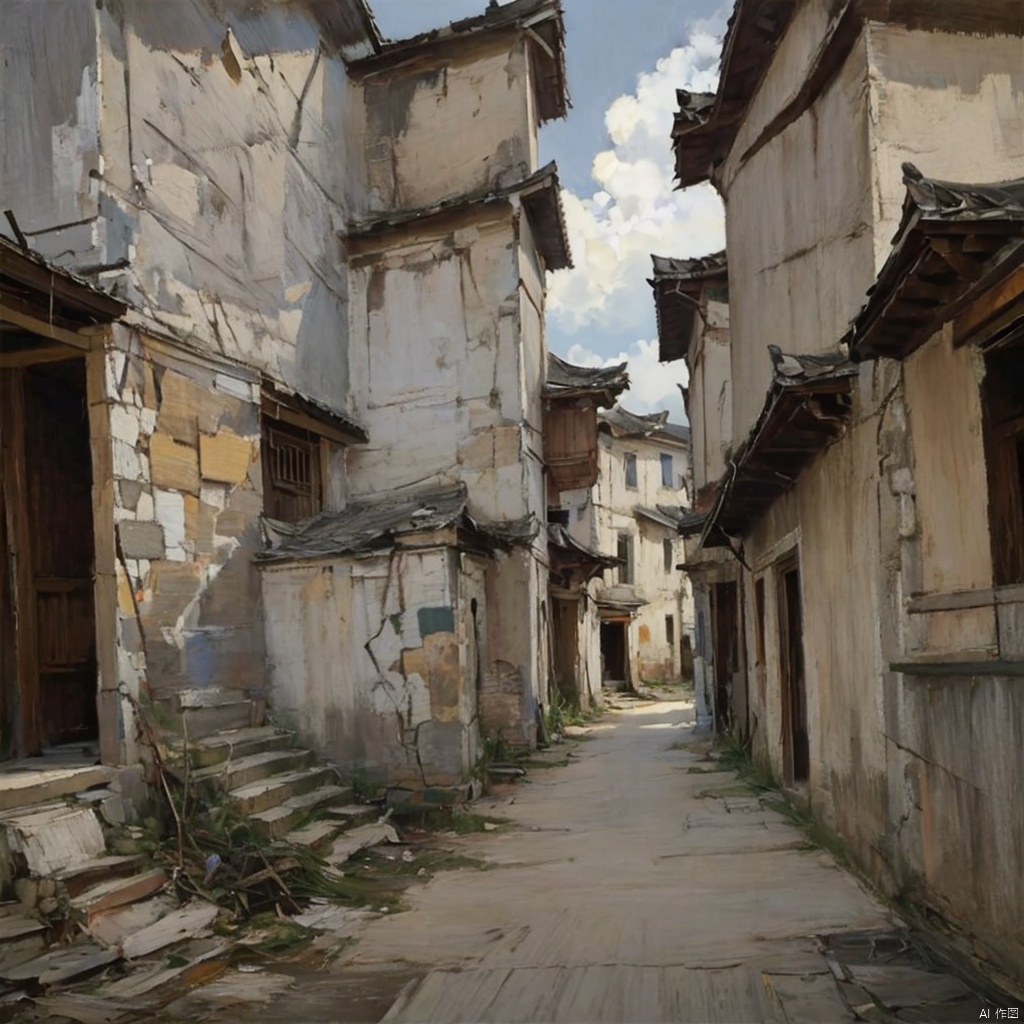 High saturation, USM sharpeningJxpFJ, xpFJ, oil painting brushstrokes, oil painting landscape, unmanned landscape,(HD), (realistic), artist, landscape collection, masterpiece,There are villages, streets, and alleys in the Chinese Huizhou architectural style. There are white gray walls, stone walls, horse head walls, wooden lattice windows, etc. The high-definition details are fascinating. The clouds, vicissitudes, mountain temples, village houses, and markets are chaotic and desolate., irregularity, asymmetry, unity, peace, healing,High-end, gray, Morandi, low-purity cold and warm color gamut contrast and blending, color block strokes<lora:EMS-416373-EMS:0.330000>, <lora:EMS-416134-EMS:0.330000>, <lora:EMS-79765-EMS:0.330000>