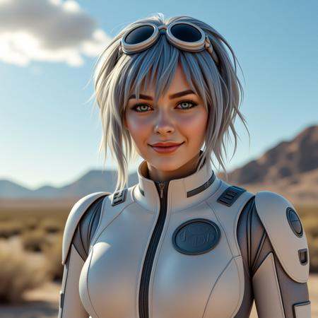 Waist-up shot of a photorealistic woman standing on an alien planet landscape with a scenic background. The subject is an American woman of 32 years with long, short messy blue hairs, bangs. She has a thick, athletic physique with small breasts, and her skin is fair and smooth. Her facial features are delicate, cute, with full lips, snub nose and piercing blue eyes. She is wearing a futuristic smooth jumpsuit with a space company logo. The jumpsuit covers all her body. Futuristic googles on her head. She is happy, with a light smile. The background features a clear sky and distant unusual mountains. The image is SWF, without any nudity or suggestive content< without visible nipples.