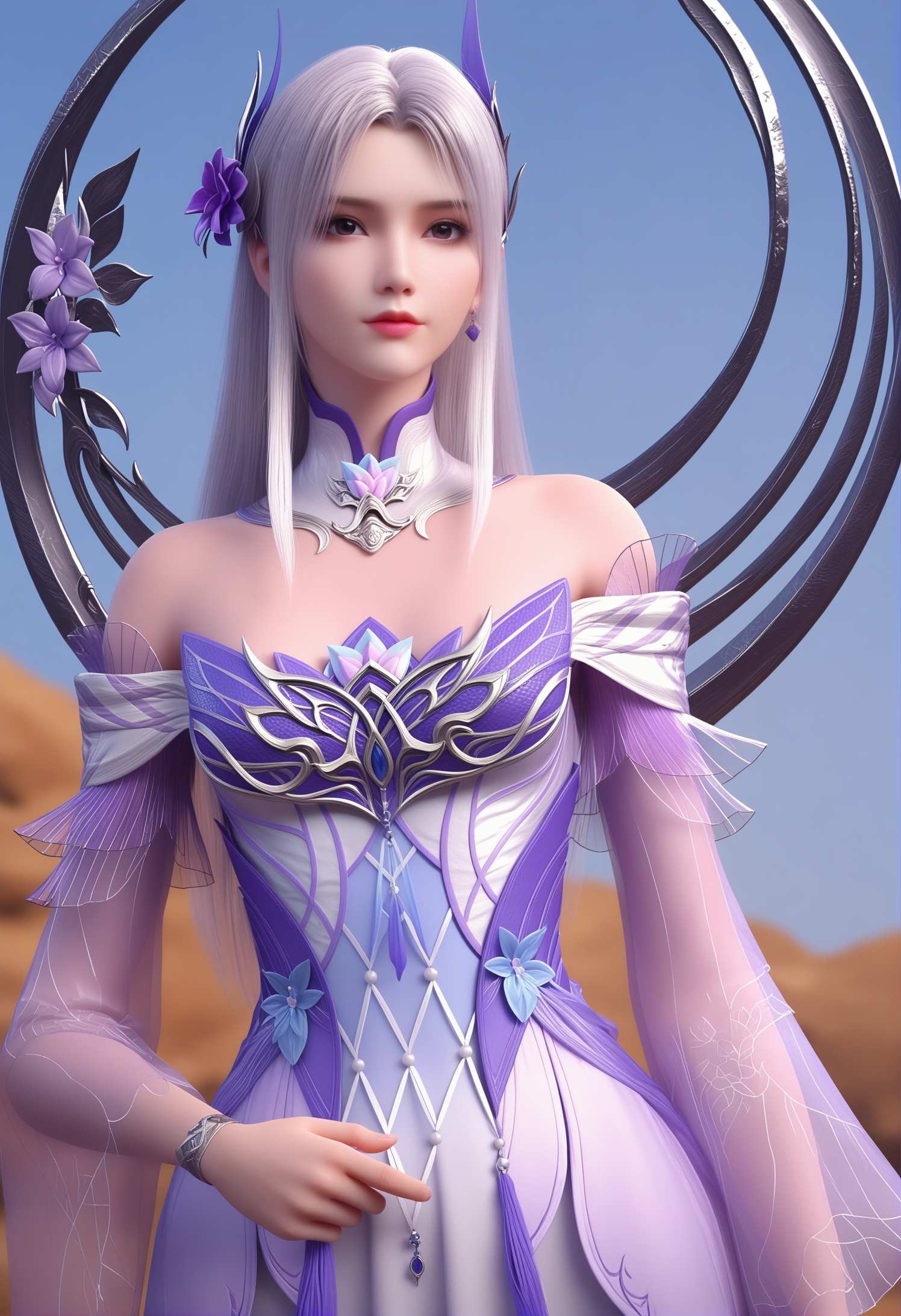 score_9,score_8_up,score_7_up,1girl,solo,realistic,(looking at viewer:1.1),1girl,solo,realistic,dress,purple dress,white dress,see-through,detached collar,detached sleeves,see-through sleeves,off-shoulder dress,long sleeves,backless dress,long dress,1girl,solo,realistic,jewelry,hair ornament,(purple flower:1.1),crescent_moon,hair flower,collar,earrings,bracelet,1girl,solo,realistic,(mature face:1.2),big eye,(pale_skin:1.1),shiny_skin,slender face,long hair,white hair,grey hair,blue eyes,bare shoulders,closed mouth,realistic,solid background,simple background,(magazine cover theme:0.65),(white chair:0.8),<lora:小巳-小医仙-斗尊白发:0.85>,