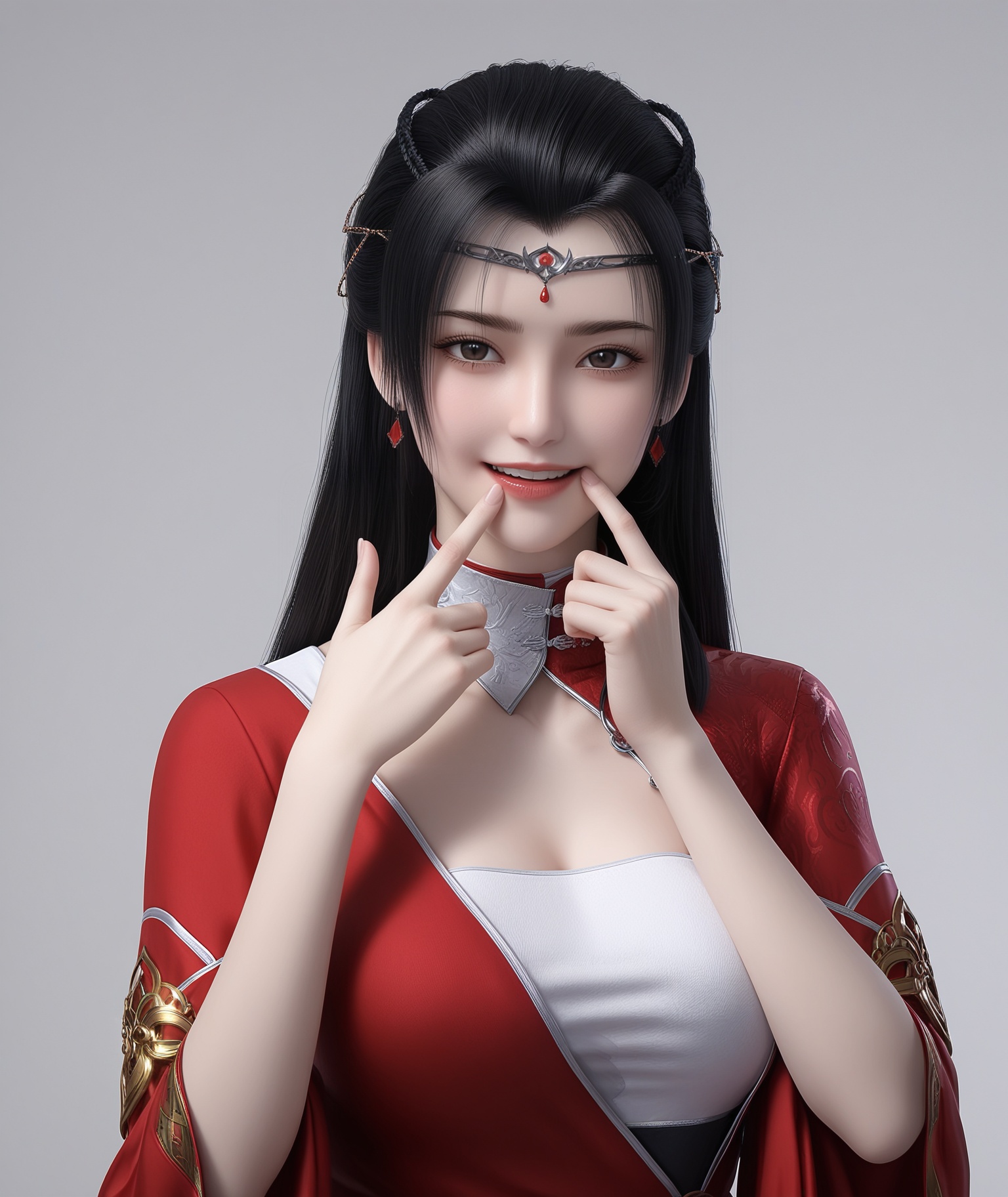 masterpiece,best quality,absurdres,highres,BREAK(glamor:1.1),slender,1girl,solo,<lora:流风霜ill:0.8>,long hair,black hair,hair ornament,jewelry,forehead ornament,earrings,white inner top,high collar,red silk robe,diagonal closure,red robe,collarbone,(large breasts),looking at viewer,front view,(fingersmile),eyelid_pull,upper body,BREAKsimple background,white background,rim light,Tyndall effect,Volumetric Lighting,Cinematic Lighting,