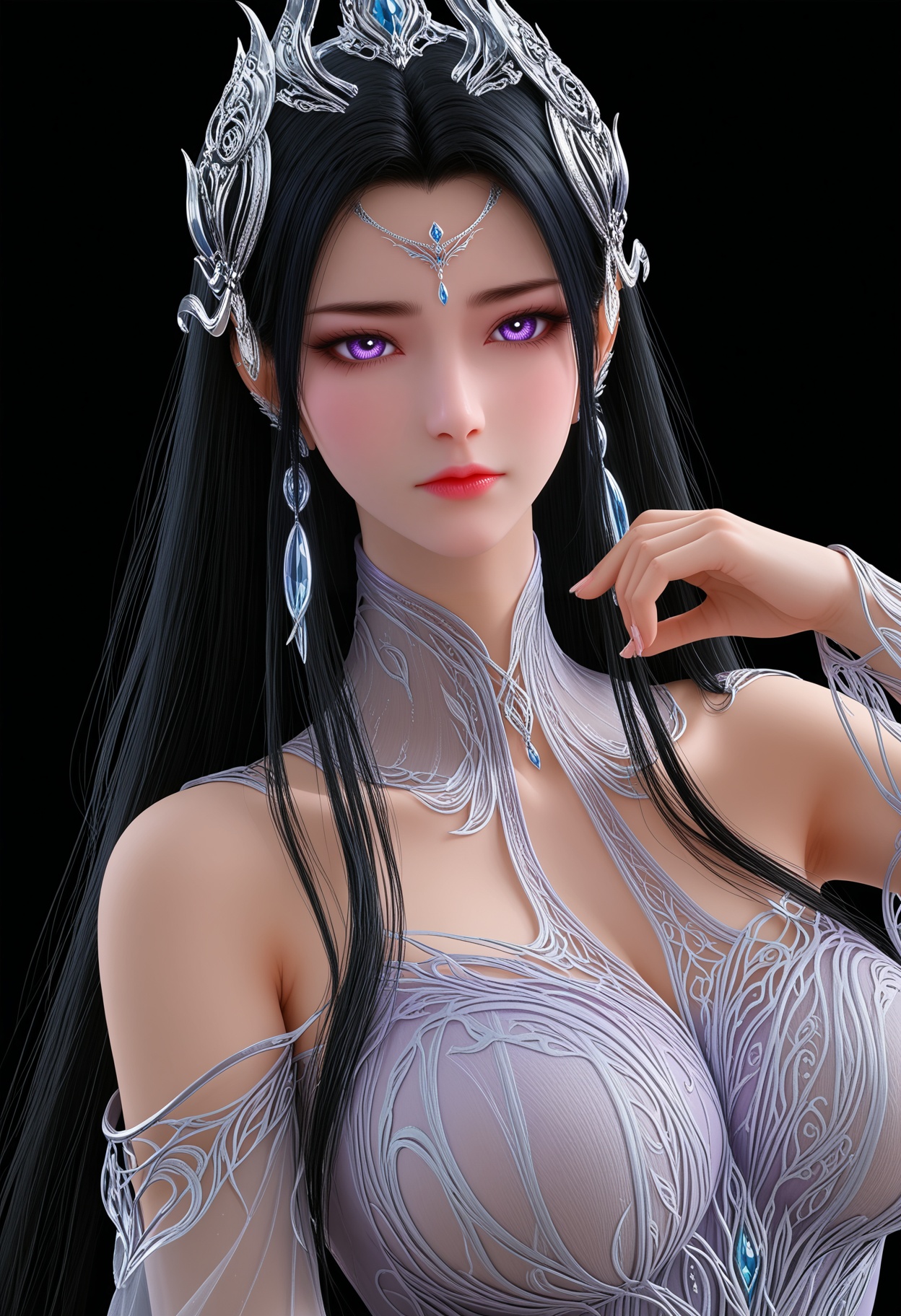 score_9,looking_at_viewer,upper body,(huge breasts:0.5),yechangong,solo,1girl,black hair,long hair,hair ornament,jewelry,earrings,expressionless,closed mouth,dress,purple eyes,white dress,(purple dress:1.1),bare shoulders,detached collar,tiara,(see-through:1.2),(simple background,pure black background,black background:1.1),perfect_anatomy,<lora:QQSponyyechangongV1:0.8>,