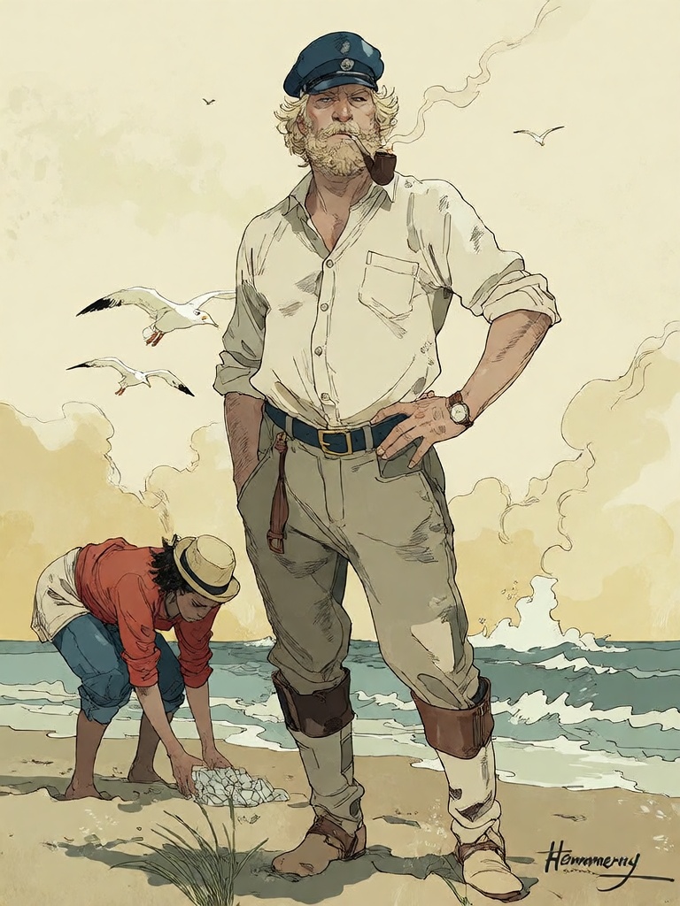 Bradhamel art style.****A detailed illustration of a tall,  bearded sailor with a pipe in his mouth,  wearing a weathered...