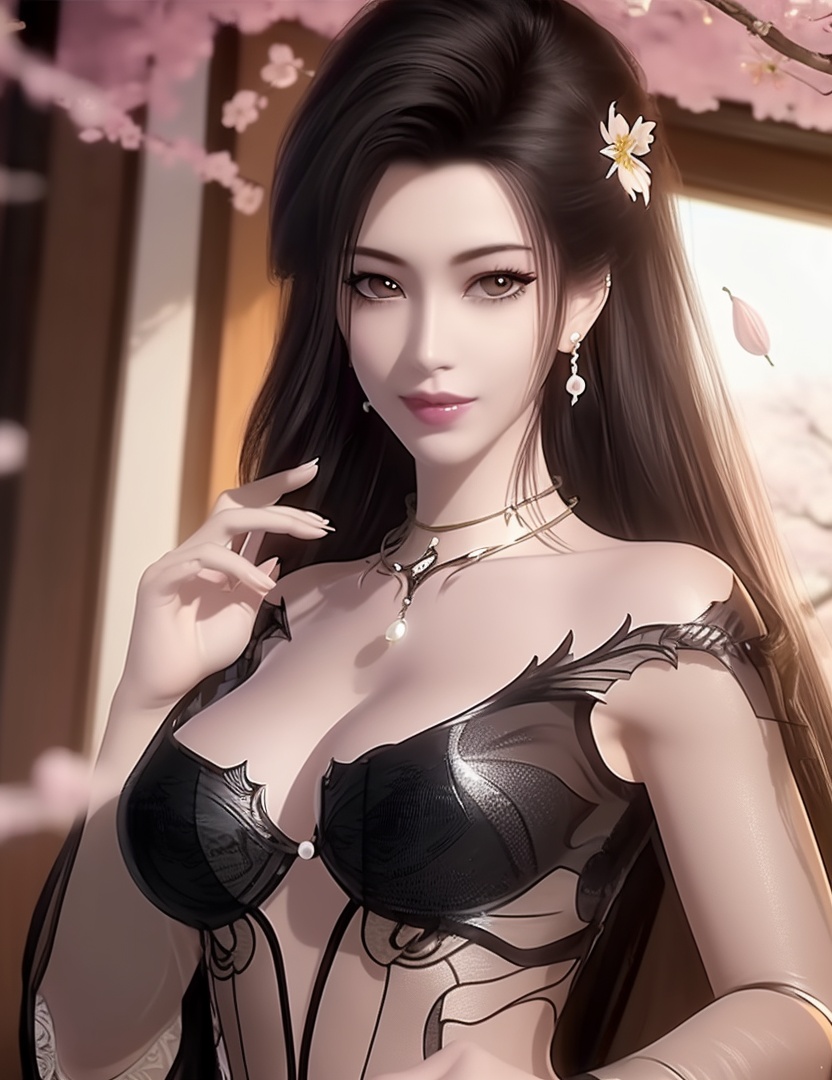 ultra realistic 8k cg, , flawless, clean, masterpiece, professional artwork, famous artwork, cinematic lighting, cinematic bloom, perfect face, beautiful face, fantasy, dreamlike, unreal, science fiction,  beautiful clothes, lace, lace trim, lace-trimmed legwear, , prestige, luxury, jewelry, diamond, gold, pearl, gem, sapphire, ruby, emerald, intricate detail, delicate pattern, charming, alluring, seductive, erotic, enchanting, hair ornament, necklace, earrings, bracelet, armlet,halo((,1girl, pov,))(((,cherry blossoms, 1girl, solo, petals,looking at viewer, large breasts, hair flower, flower, outdoors, )))  <lora:DA_CaoNvYaoNightwear:0.8>