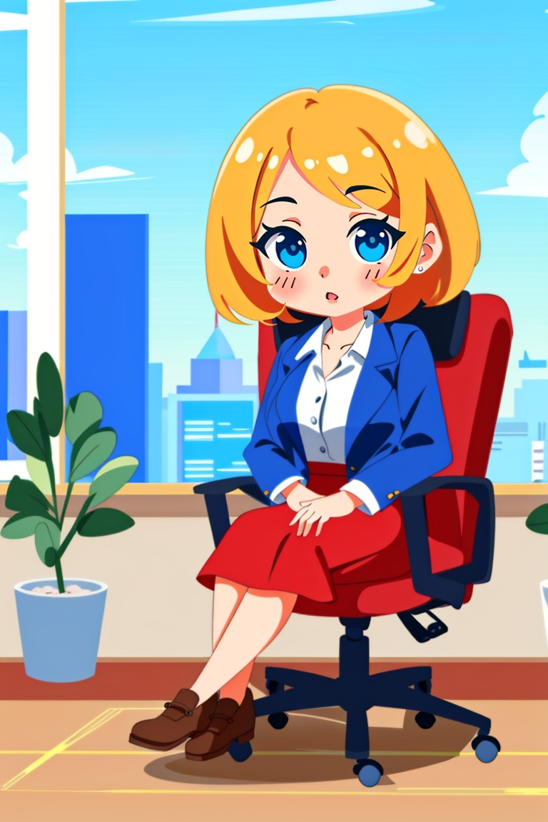 ((HRD, HUD, 8K)),((masterpiece, best quality)), highly detailed, soft light,1 girl, chibi, big eyes, big head,sitting talking, in the office, blue suit, red skirt, office chair, with city buildings outside the window,