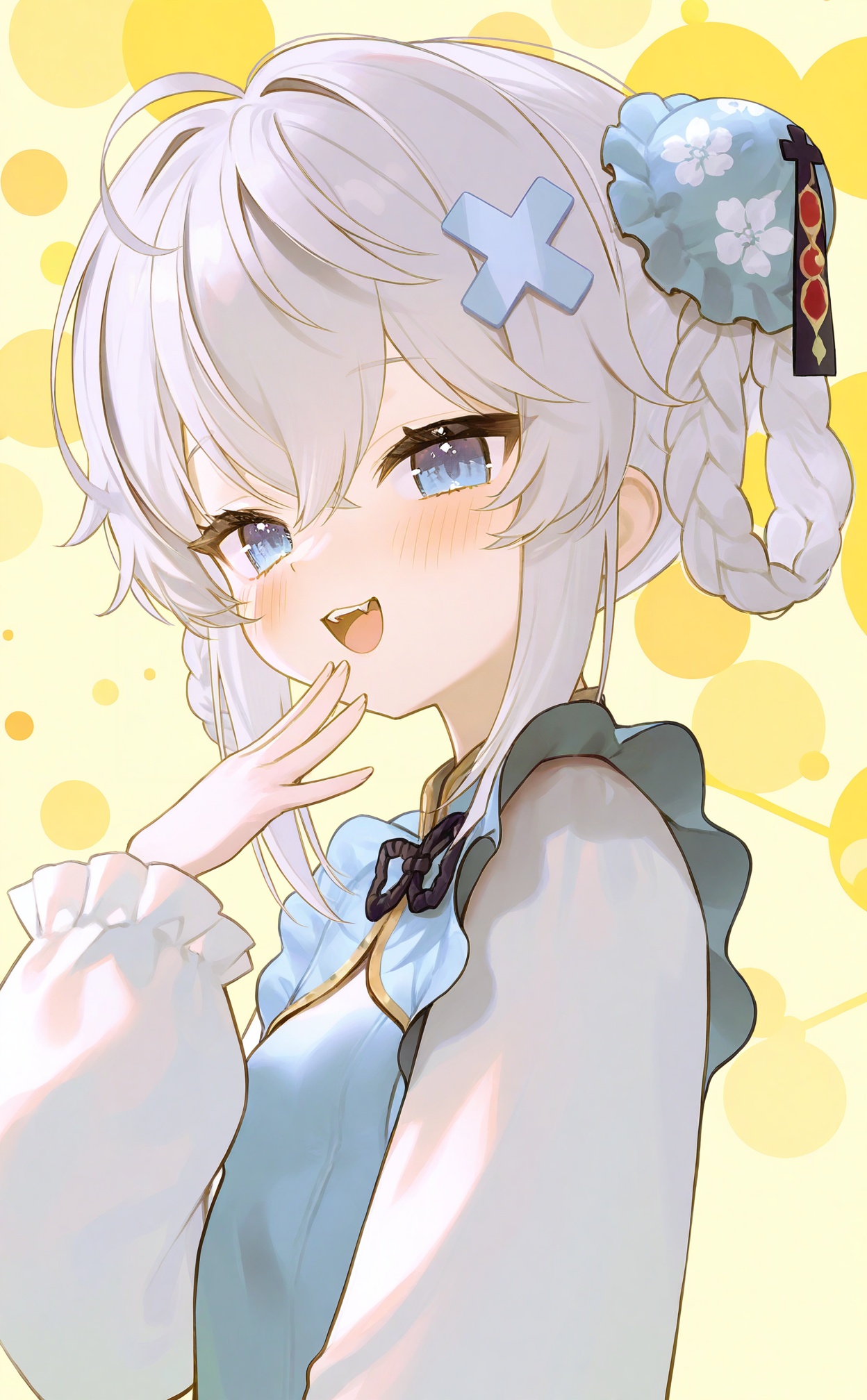 masterpiece,absurdres,best quality,loli,petite,high quality,//,1girl,solo,virtual_youtuber,bun_cover,x_hair_ornament,blue_eyes,hair_ornament,blush,braided_hair_rings,open_mouth,looking_at_viewer,long_sleeves,dress,chinese_clothes,hair_rings,smile,hair_bun,upper_body,braid,sidelocks,china_dress,blue_dress,white_hair,upper_teeth_only,double_bun,hand_to_own_mouth,hand_up,teeth,fang,frilled_sleeves,hair_between_eyes,ahoge,frills,small_breasts,:d,grey_hair,puffy_sleeves,from_side,cross_hair_ornament,breasts,twin_braids,yellow_background,crossed_bangs,floral_print,//,<lora:FymriE——【noob】hans:1>,