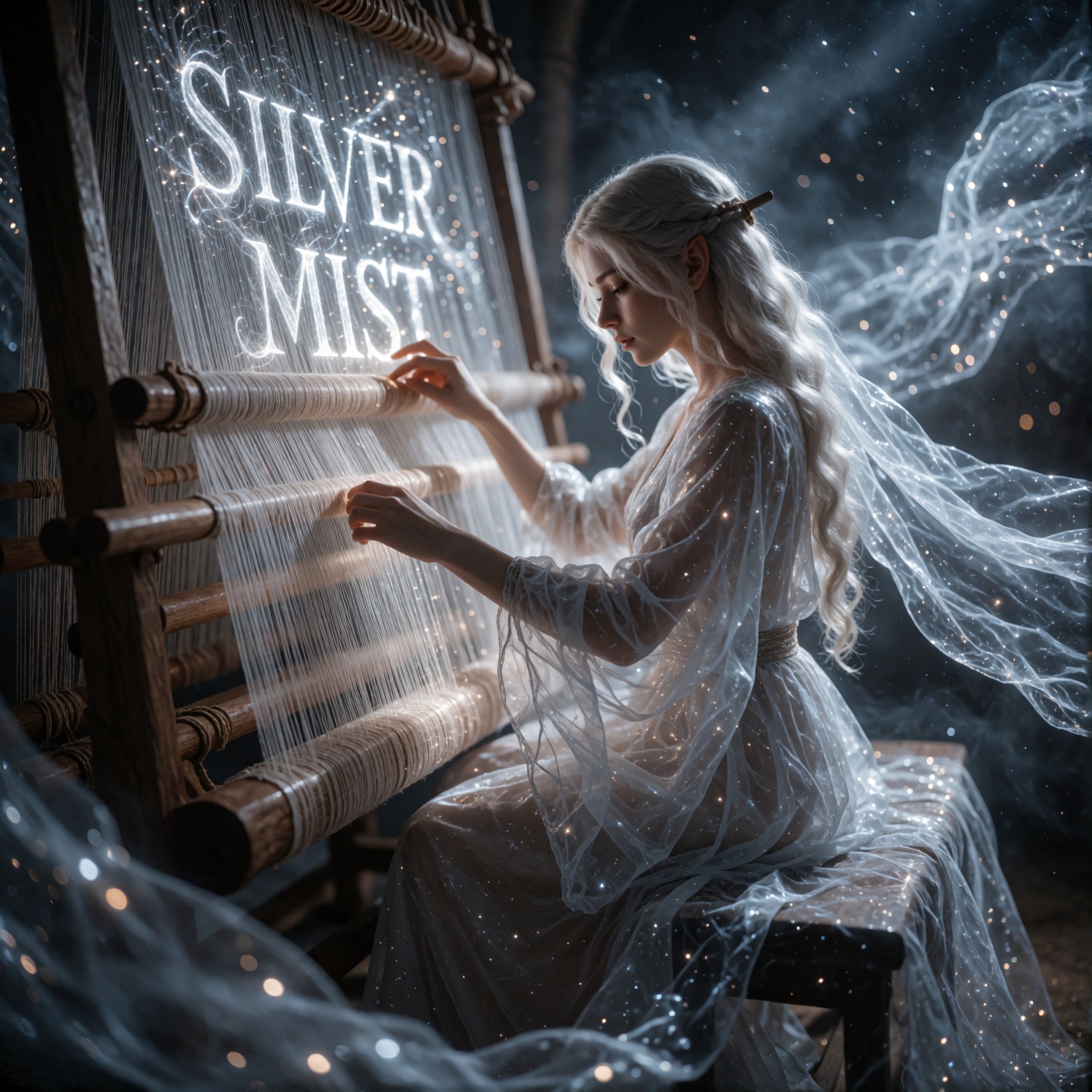 A high-detail ethereal fantasy portrait of a young star-weaver elf woman seated at an enormous vertical loom of light in a...