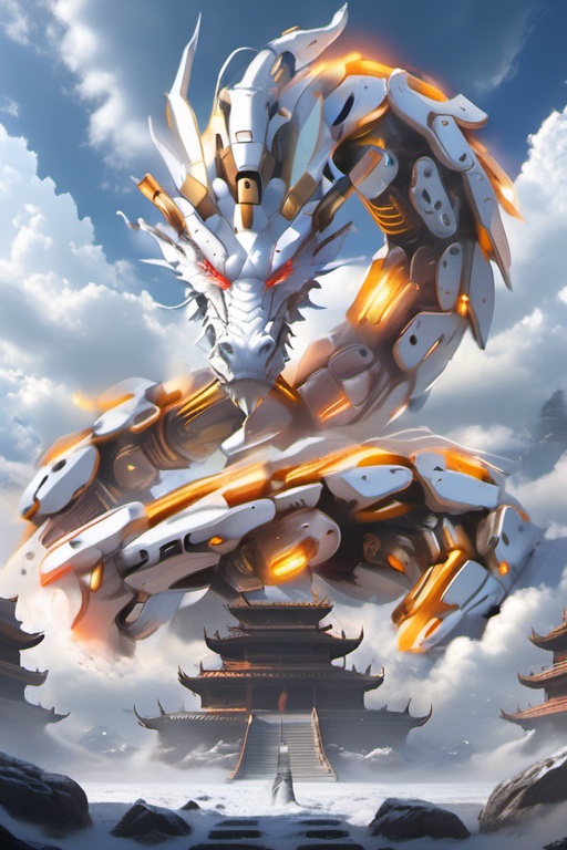 8k,High quality,high quality,morning sunshine,glowing body,mechanical joint,orange led light,high detailed mecha,high-precision mecha,mecha,exoskeleton mechanical armor,red eyes,outdoors,horns,sky,growing joint,day,cloud,blue sky,no humans,glowing,cloudy sky,scenery,eastern dragon,pagoda,building,flying,jet device,high detailed,white mecha,HD,black joint,<lora:mecha_loong_xl_v1:0.6>,a mecha dragon,