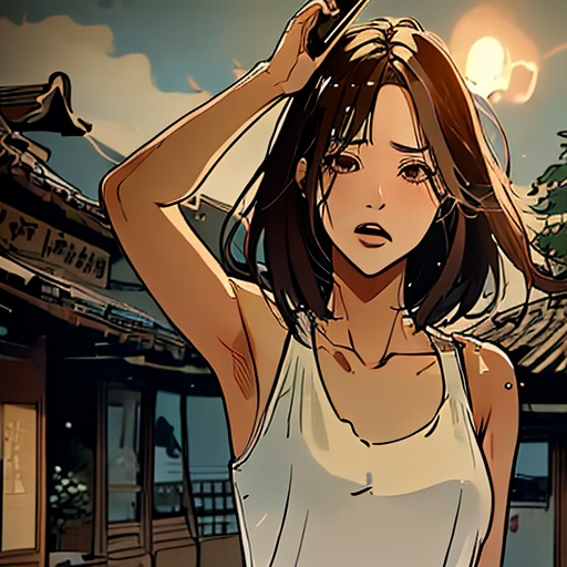 mj,<lora:mj_v1.0:1>,1girl,solo,masterpiece,best quality,cityscape,Tears,arm up,handgun,cropped torso upper body,crossed_legs,**** top,sun,Sleeveless dress,