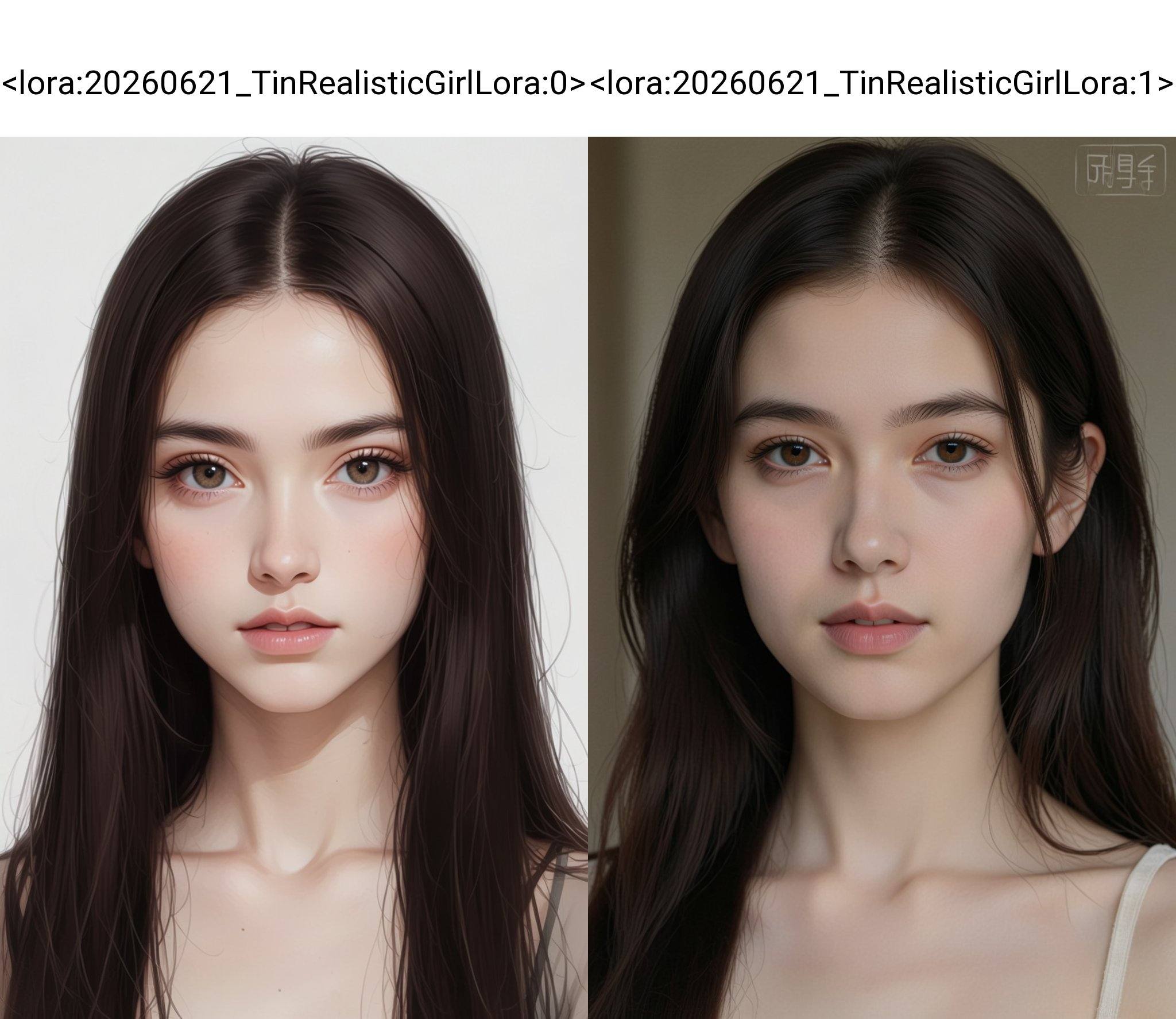 a young woman with long straight dark brown hair. She has fair skin,  delicate facial features,  and brown eyes. by 天TIN o...