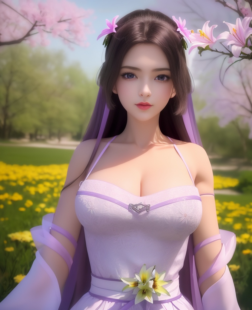 <lora:569-DA-星辰变-朔燕:0.8>(,1girl, ,best quality, ),looking at viewer,  ,ultra detailed 8k cg,ultra detailed background,ultra realistic 8k cg,1girl, solo,(bare shoulders:0.85),(masterpiece, best quality),((oil painting style)),sexy young lady,(beautiful face and eyes),(upper body:1.5),(whole body:1.05),(single person:1.2),surrounded by flowers, (lily), roses, floret, vegetation, white, purple, purplish pink,Impressionism,colorful,(Breast size:1.3),(cleavage),