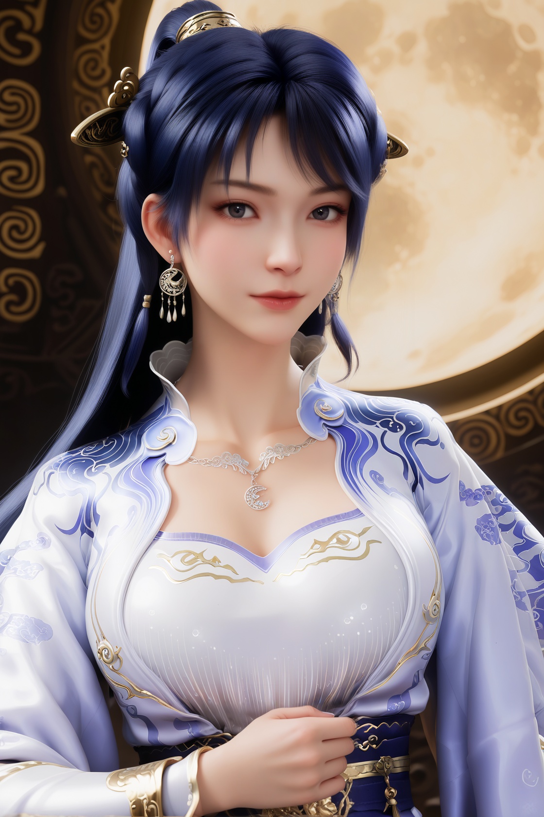 score_9,score_8_up,score_7_up,8k,3d model,<lora:姬紫月_重置2_Pony:0.8>,1girl,purple hair,solo,black hair,blue hair,hair ornament,ponytail,long hair,earrings,necklace,chinese clothes,wrist guards,robe,belt,This is a highly detailed CGI rendering of a young Asian woman with fair skin and long,dark blue hair adorned with golden hairpieces. She wears a traditional blue and white embroidered robe with intricate patterns,revealing a hint of cleavage. Her expression is serene,with delicate features and soft makeup. She has dangling earrings and a silver necklace with a crescent moon pendant. The background is a dark,textured stone wall,adding a mysterious atmosphere. The overall style is realistic with a slight fantasy element,reminiscent of Japanese anime or video game character design.,looking at viewer,front view,female,(mature_female),mature,collarbone,large breasts,curvy,glamor,puffy breasts,pointy_breasts,(Ivory_skin),(fair_skin),(white_skin),body blush,full moon,simple_background,black_background,