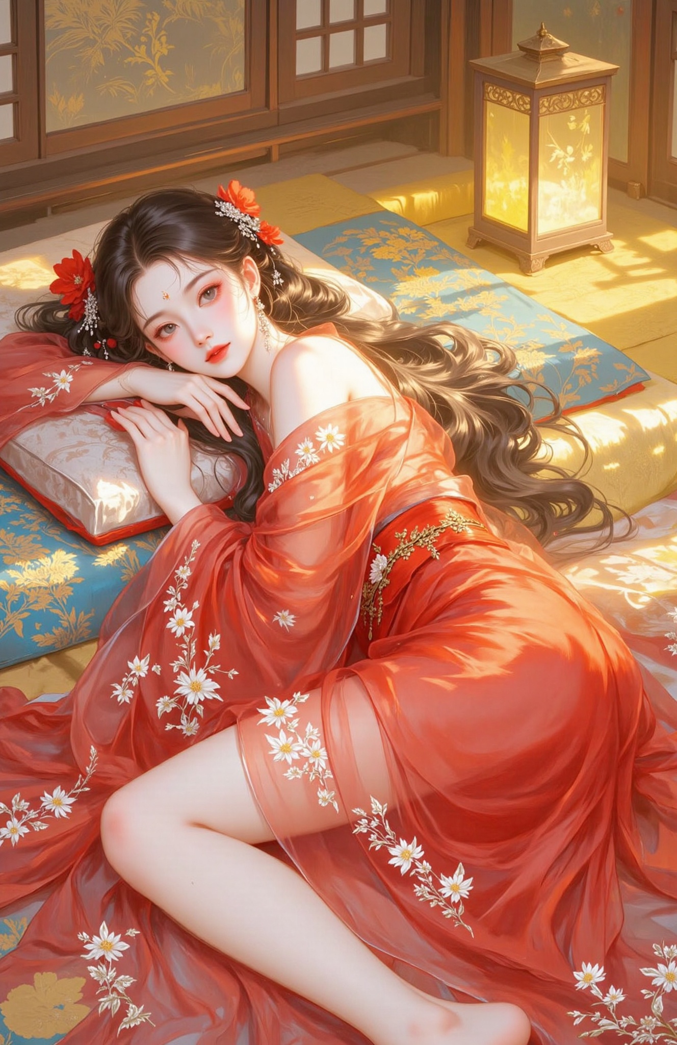 191guofeng,191Flat Coloring,19guofeng,1girl,hair ornament,long hair,solo,red hanfu,flower,jewelry,hanfu,earrings,forehead mark,black hair,hair flower,facial mark,on side,indoors,looking_down,chinese clothes,long sleeves,red lips,pillow,bare shoulders,lantern,sitting,see-through,lying,brown eyes,bed,bare legs,
