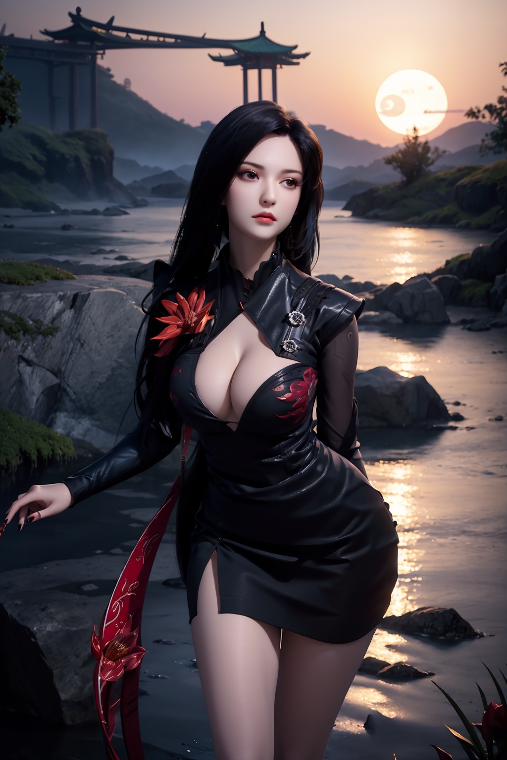 standing,dress,chinese clothes,flower,full_moon,moon,night,lily_pad,lotus,moonlight,nipples,water,night_sky,lily_\(flower\),sky,partially_submerged,1girl,solo,hair ornament,long hair,realistic,nail polish,photo_\(medium\),(big breasts, cleavage),makeup,(8k, RAW photo, best quality, masterpiece:1.2),(realistic, photorealistic:1.3),ultra-detailed,extremely detailed cg 8k wallpaper,(crystalstexture skin:1.2),extremely delicate and beautiful,(sexy pose:1.2),chinese dress,