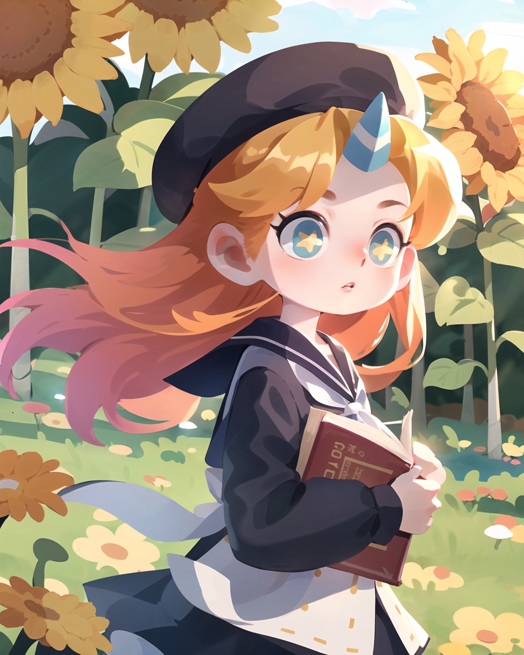 masterpiece,best quality,1girl,hat,single horn,solo,flower,long hair,blue eyes,sunflower,dress,book,bow,horns,orange hair,holding,blue headwear,hat bow,yellow flower,holding book,neckerchief,white bow,long sleeves,sailor collar,white neckerchief,blue dress,parted lips,walking,running,