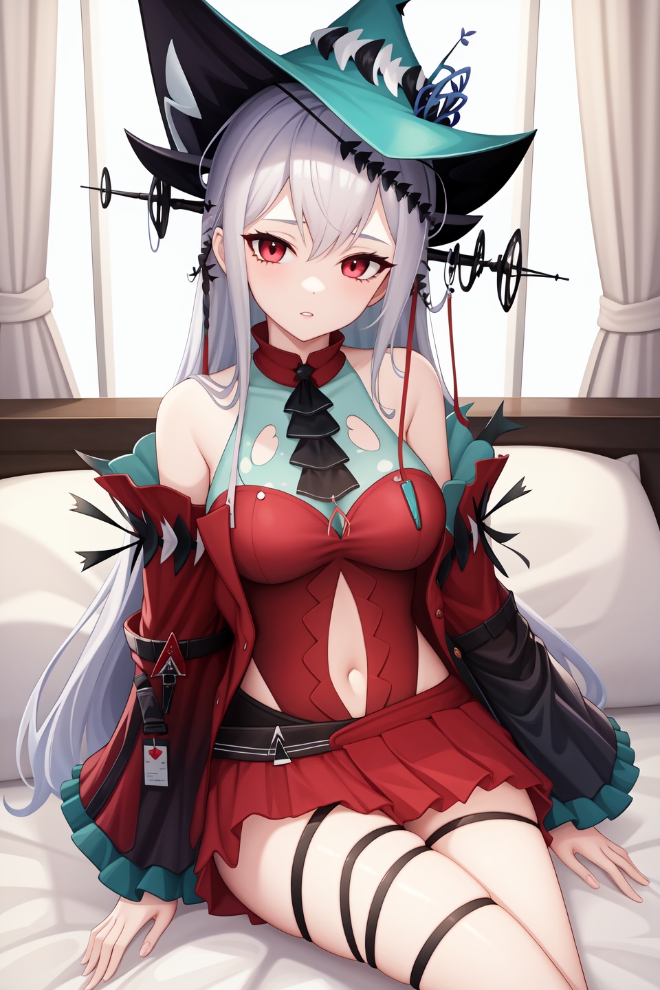 <lora:skadi2-000036:1>,skadi,1girl,skadi the corrupting heart \(arknights\),skadi \(arknights\),solo,official alternate costume,navel,looking at viewer,parted lips,hat,sitting on bed,bedroom,indoors,( :1.2), 1girl,,  (masterpiece,best quality:1.2),absurdres