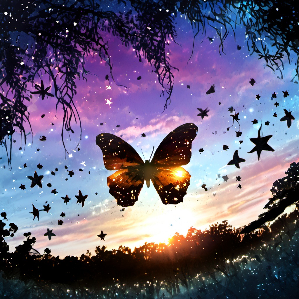 butterfly wings,bug,wings,scenery,solo,silhouette,butterfly,sky,tree,no humans,light particles,fairy,sunset,nature,outdoors,star (sky),glowing,twilight,<lora:star_xl_v3:1>,