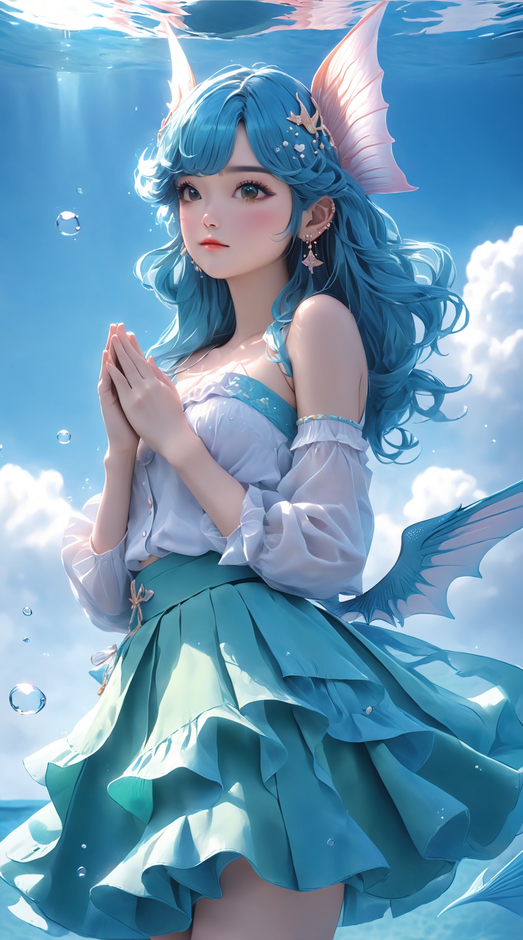 (1girl),smooth chin,masterpiece,detailed face,((hair ornament)),top quality,4k,make up,best quality,alone,single,solo,only one,one character,blush,(body blush),(detached sleeves),earrings,(blue hair),under water,(head fins),long hair,(from below),ocean,(puffy hair:1.13),head wings,frilled skirt,frilled clothes,model,looking at viewer,Cute Women,frilled shirt,bubble skirt,green skirt,full body,(detached shirt),bandeau,blue skirt,(Prayer with both hands),Masterpiece, the best quality,(The best hand),dly