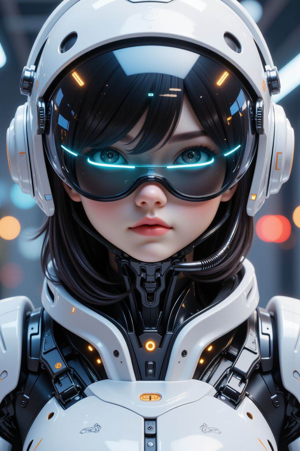 1girl, solo, realistic, science fiction, helmet, cable, cyberpunk, lips, portrait, head-mounted display, blurry, robot, depth of field, blurry background, closed mouth, screen, glowing, facing viewer