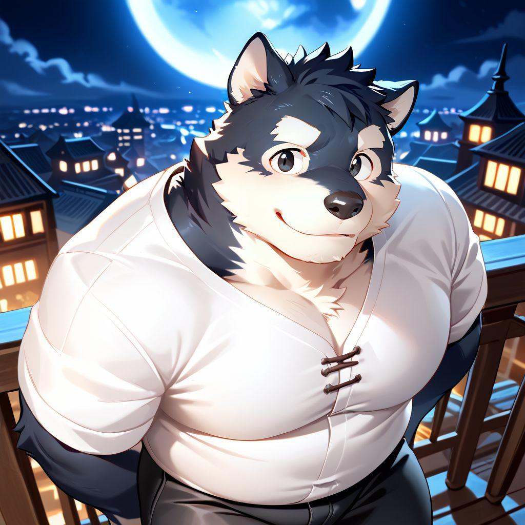 score_9, score_8_up,, lindong, furry, anthor, non human, chubby, gain weight beautifully, dog, young man, black shiba, black fur, black eyes, white iris, white thick eyebrows, smile, no beard, perfect face, perfect eyes, eye glittering, white medieval robe, shirts, black pants, hi res, absurd res, digital media(artwork), solo, <lora:SketchV1:1> <lora:bm-v3g-n2-ep1-xl:0.7> <lora:Expressive_H:1>, black shiba leaning on the rooftop railing, looking at the viewer. deep night sky, large glowing moon, a cityscape with tall buildings stretches into the distance, emphasizing the height. The wind gently moves the character's fur and clothes. Cinematic lighting, dramatic atmosphere, from above, top view,