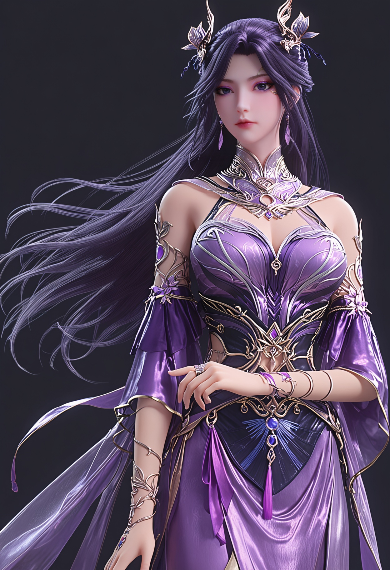 score_9,looking_at_viewer,(upper body:1.2),large breasts,1girl,solo,long hair,hair ornament,jewelry,earrings,dress,bare shoulders,purple dress,closed mouth,expressionless,black hair,clothing cutout,detached sleeves,purple hair,bracelet,purple eyes,high heels,(simple background,pure black background,black background:1.1),perfect_anatomy,<lora:QQSponyyanqingchengV1:0.8>,
