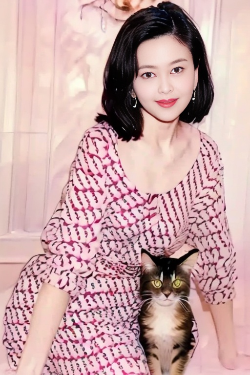 1girl,and, cat's, earrings, floral_print, guanzhilin, hair, jewelry, lips, looking_at_viewer, pink, red, sitting, solo, striped, tongue_out, viewer, wearing,smile， <lora:SD1.5_Guanzhilin:1.1>