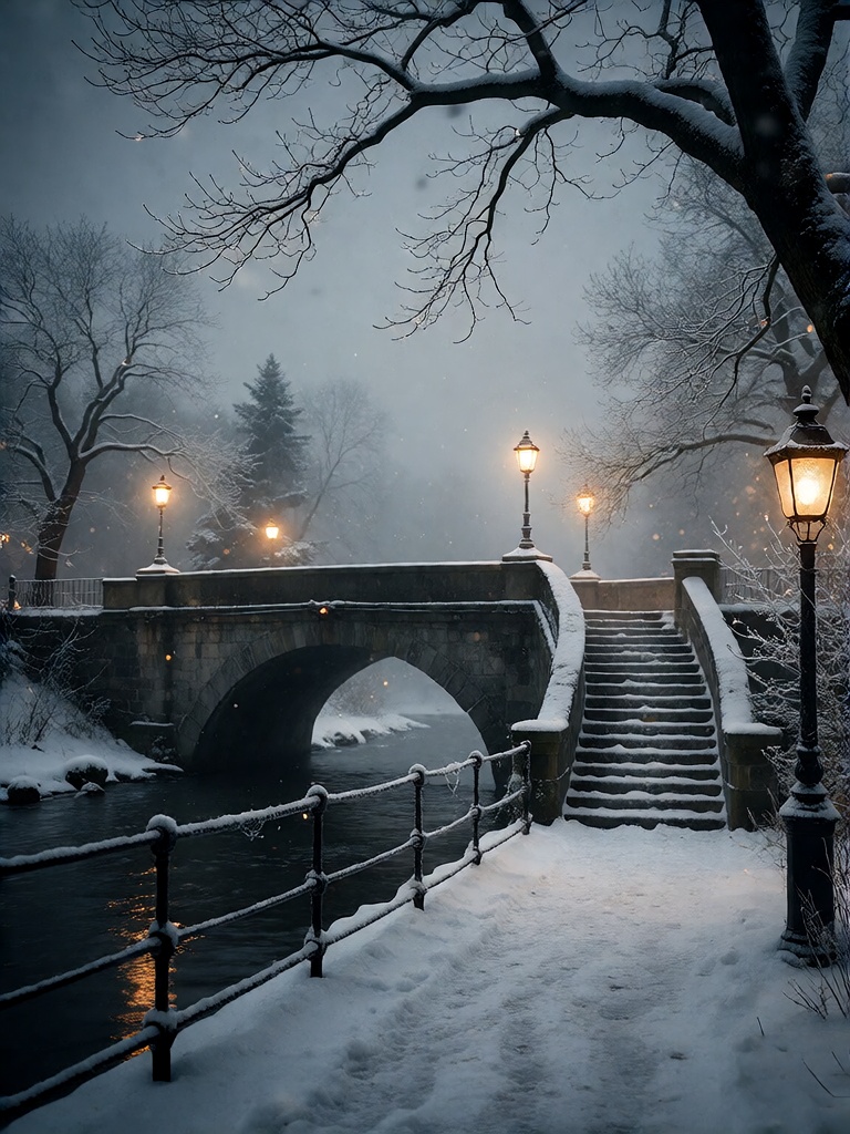 Bradhamel art style. A serene winter scene featuring a snow-covered stone bridge arching over a calm,  dark river,  flanke...
