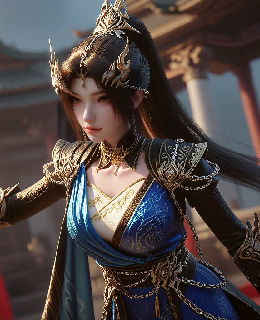 (oriental architecture, elegant decor, sophisticated style:1.1),(Licking lips suggestively,:1.1),Fisheye-shot,(large breasts:1.2),<lora:XL16云深不知梦羲和融合玄凤:0.95>,miss xihe,black wrap coat with blue overdress,shoulder armor,brown eyes,black hair,very long hair,ponytail,hair ornament,jewelry,chain ornament,gauntlets,sash,blue to white ombre base skirt,cape,, score_9,score_8_up,score_7_up,score_6_up,score_5_up,score_4_up,3d rendering,tag1,tag2, Cinematic Lighting,backlighting,