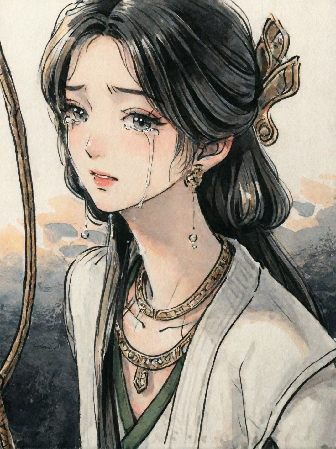 ((very awa)),solo,highly detailed,(best quality),((masterpiece)),1girl,chi,<lora:鸽正则nbXL:0.2>,ge,<lora:chi正则100nbXL:0.8>,traditional media,painting \(medium\),watercolor \(medium\),looking_at_viewer,<lora:梅凝nbXL:0.8>,meining,jewelry,hair ornament,black hair,necklace,long hair,earrings,rope,tears,