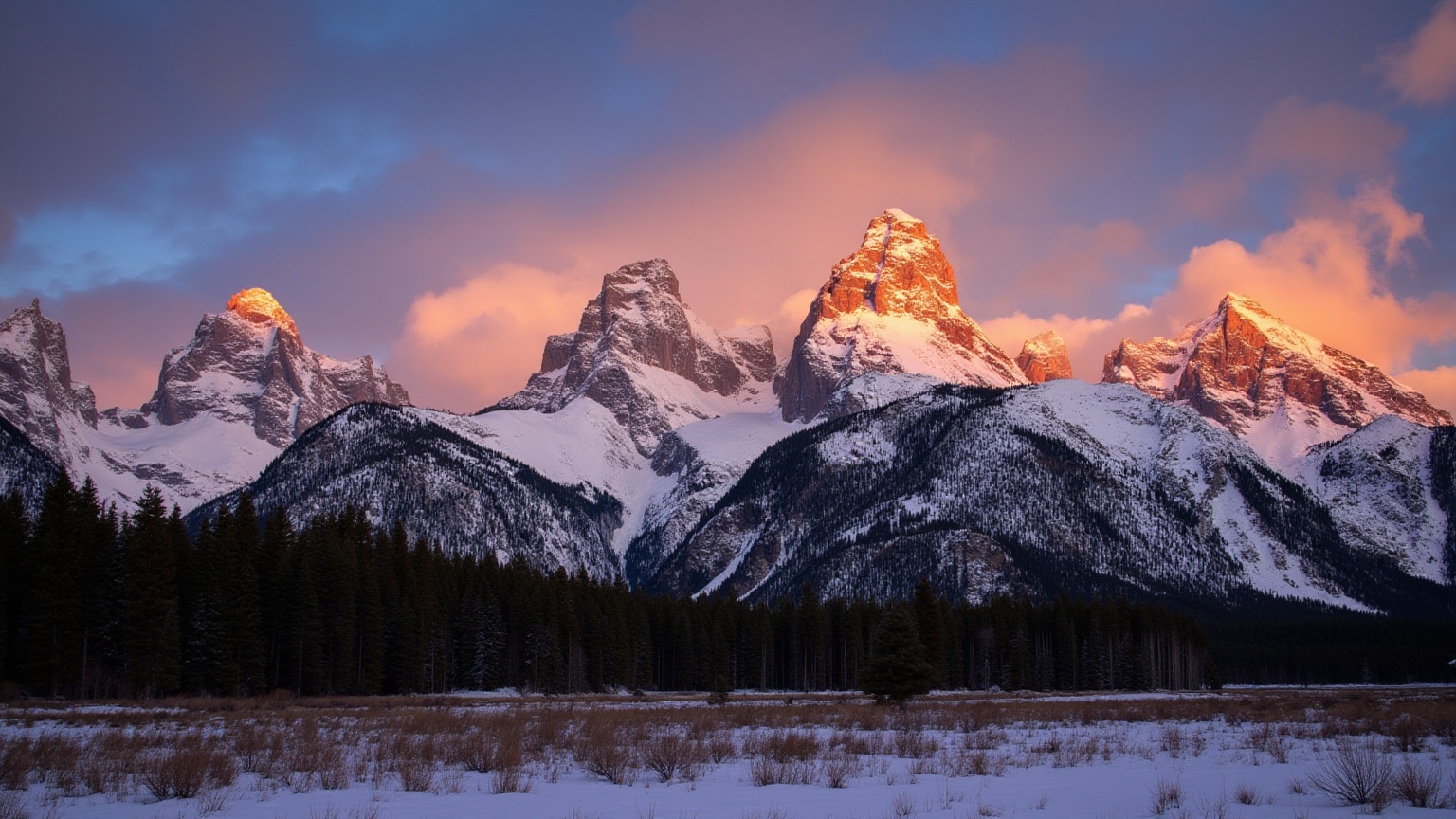 This is a high-resolution photograph capturing a stunning winter landscape of the Teton Range in Wyoming,  USA. The image...