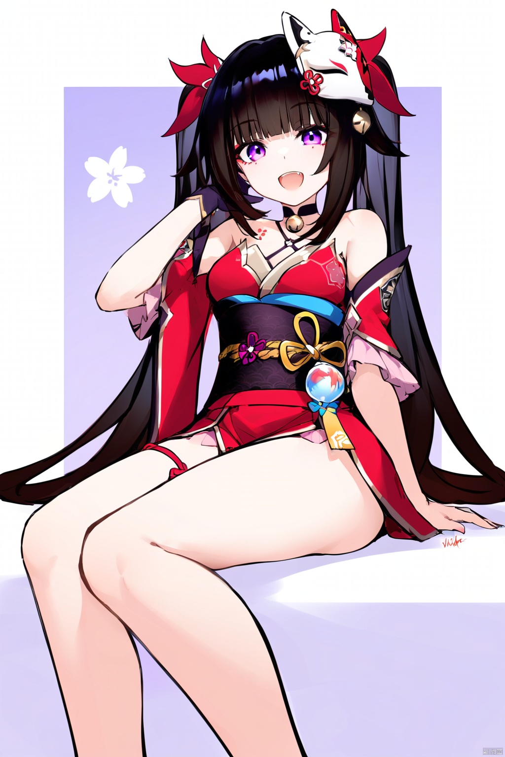 nai3, 1girl, solo, ahoge, virtual youtuber, , flower, looking at viewer, sitting, open mouth, smile,bangs,between legs, :d, hand between legs, purple background, fang, feet out of frame,haoche\\\\\\\\\\\\\\huahuo, 1girl, single_glove, mask on head, sash, black hair, twintails, purple eyes, obi, (fox mask:1.1), single glove, japanese clothes, (Cherry blossom tattoo, chest tattoo:1.1)<lora:EMS-310672-EMS:0.700000>