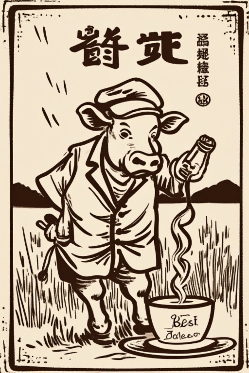 manhua,the poster read 'Best Coffee',A cow was working in the field,coffee in hand,and was wearing sweat,