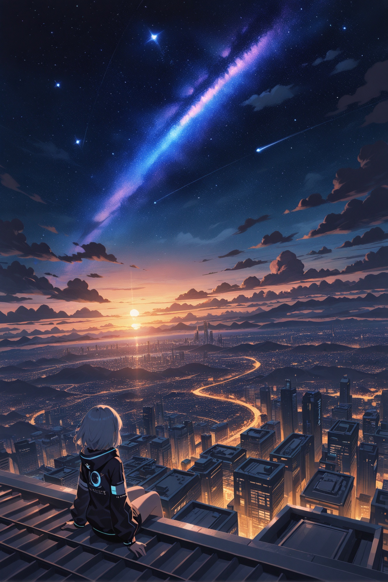universe sky,art_sekuai7035,masterpiece,best quality,8K,ultra-high resolution,a girl sitting on a roof looking at far,city line,night city,cosmic stars,sunset,star \(sky\),sky,cloud,scenery,starry sky,starry sky,space,scenery,galaxy,night,night sky,