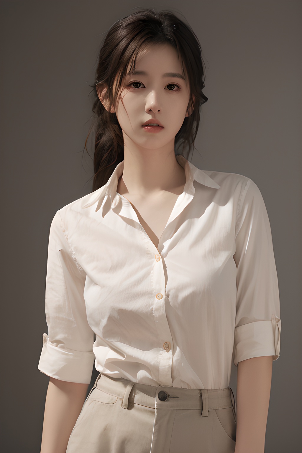 <lora:0806_10:0.7>,simple background,untucked_shirt,, 1girl,realistic,masterpiece, best quality, photorealistic, HDR,detail