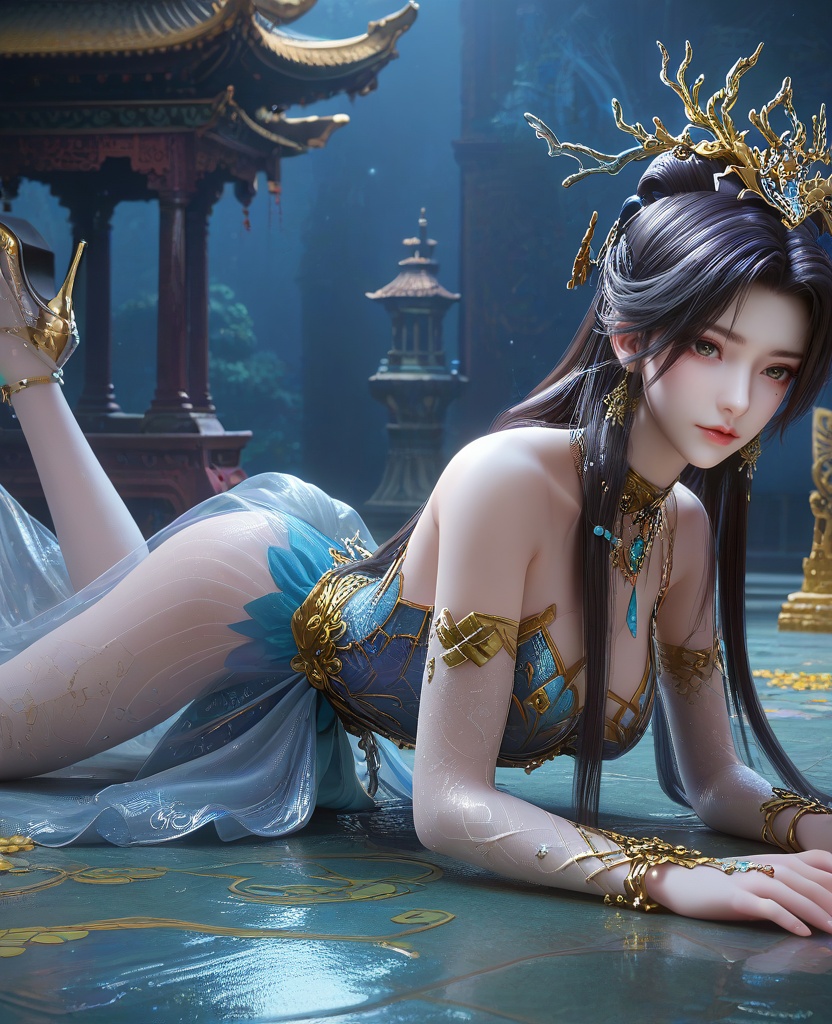 (oriental architecture, elegant decor, sophisticated style:1.1),(Lying on front with upper body elevated,:1.1),multiple views,(large breasts:1.2),shoes,<lora:XL16云深不知梦羲和罄水珠:0.95>,miss xihe,blue corset tiered gown,mole under left eye,black hair,traditional chinese updo with long front strands,absurdly long hair,hair ornament,jewelry,elbow gloves,bracelet,bare shoulders,, score_9,score_8_up,score_7_up,score_6_up,score_5_up,score_4_up,3d rendering,tag1,tag2, Cinematic Lighting,backlighting,