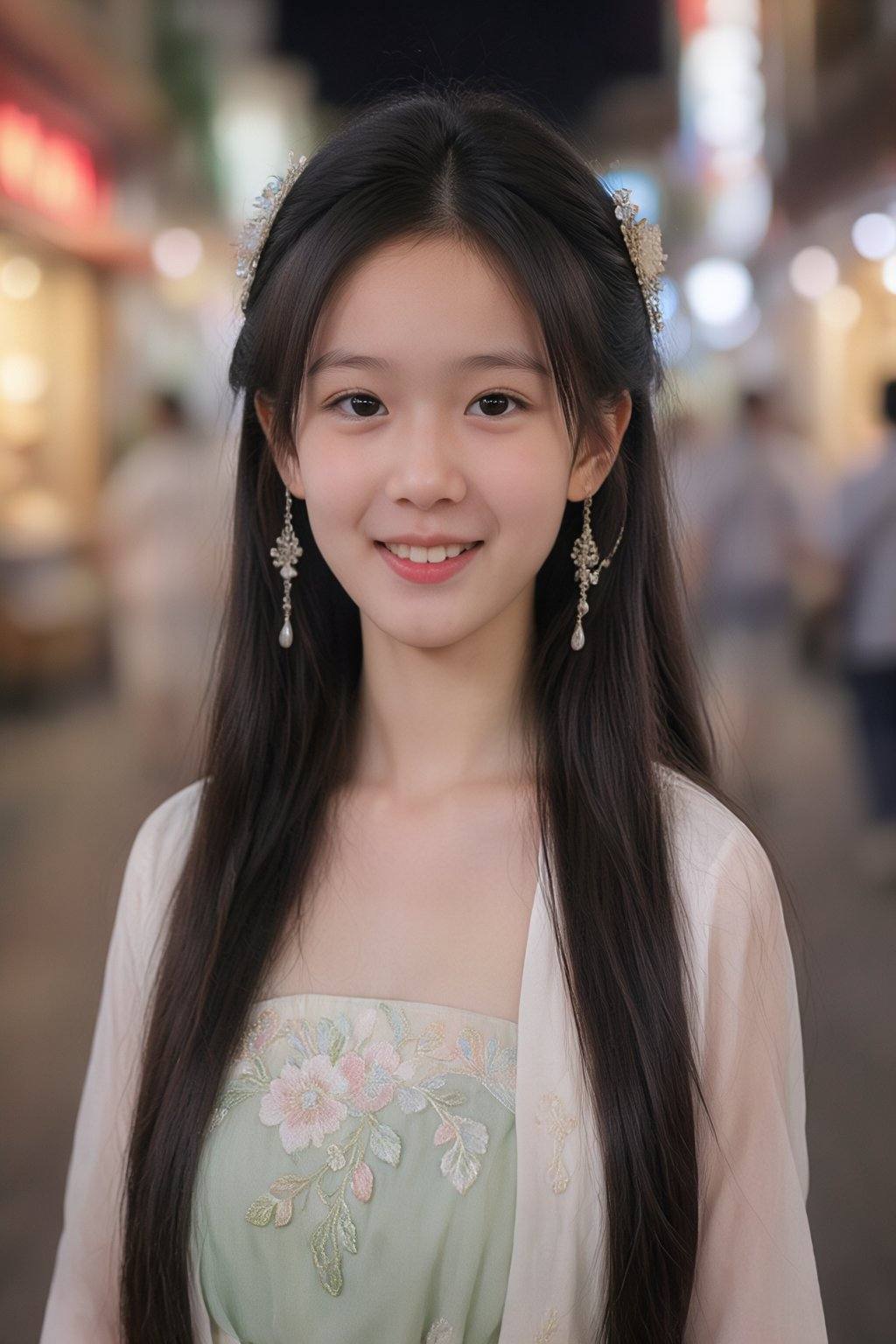 A photograph of a young Asian woman with fair skin and long,  straight black hair,  adorned with ornate hair accessories b...