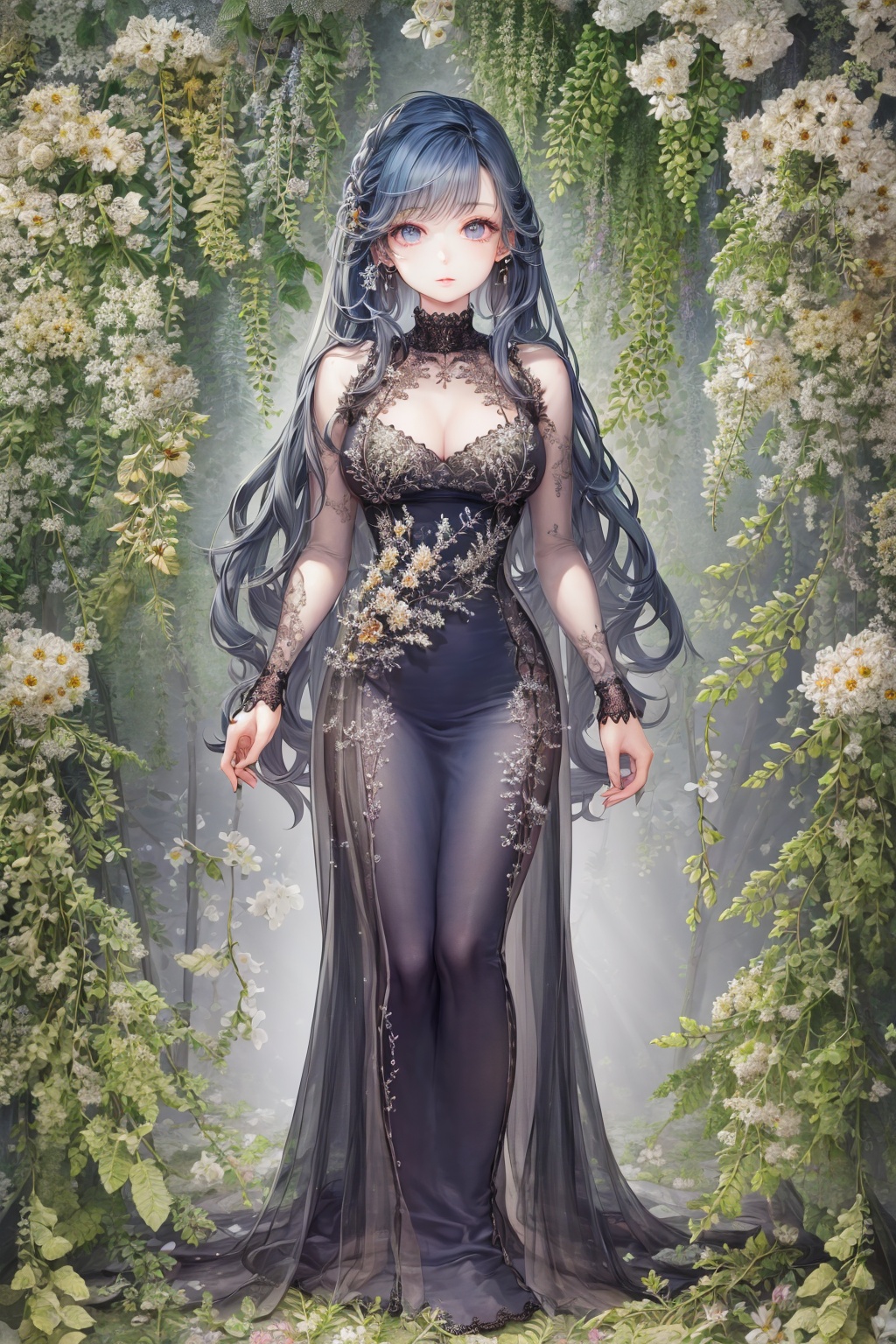 <lora:艺术家_ao+beni1-000001:1>, masterpiece, best quality, extremely detailed, 1girl, full body, beautiful detailed eyes, beautiful detailed face, blue hair, (Botanical illustration:1.5), [see-through:evening dress:0.3]