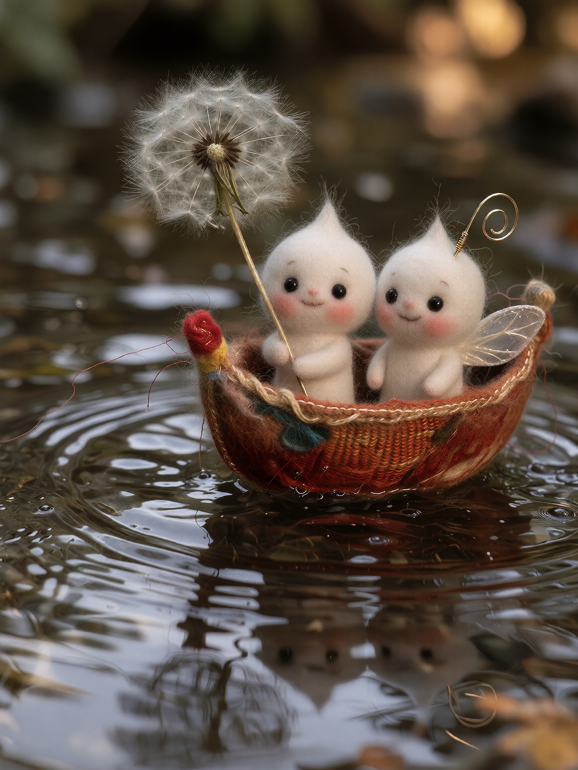 two tiny needle-felted white fluffy chibi creatures sit inside a small woven orange-red textile boat drifting near the upp...