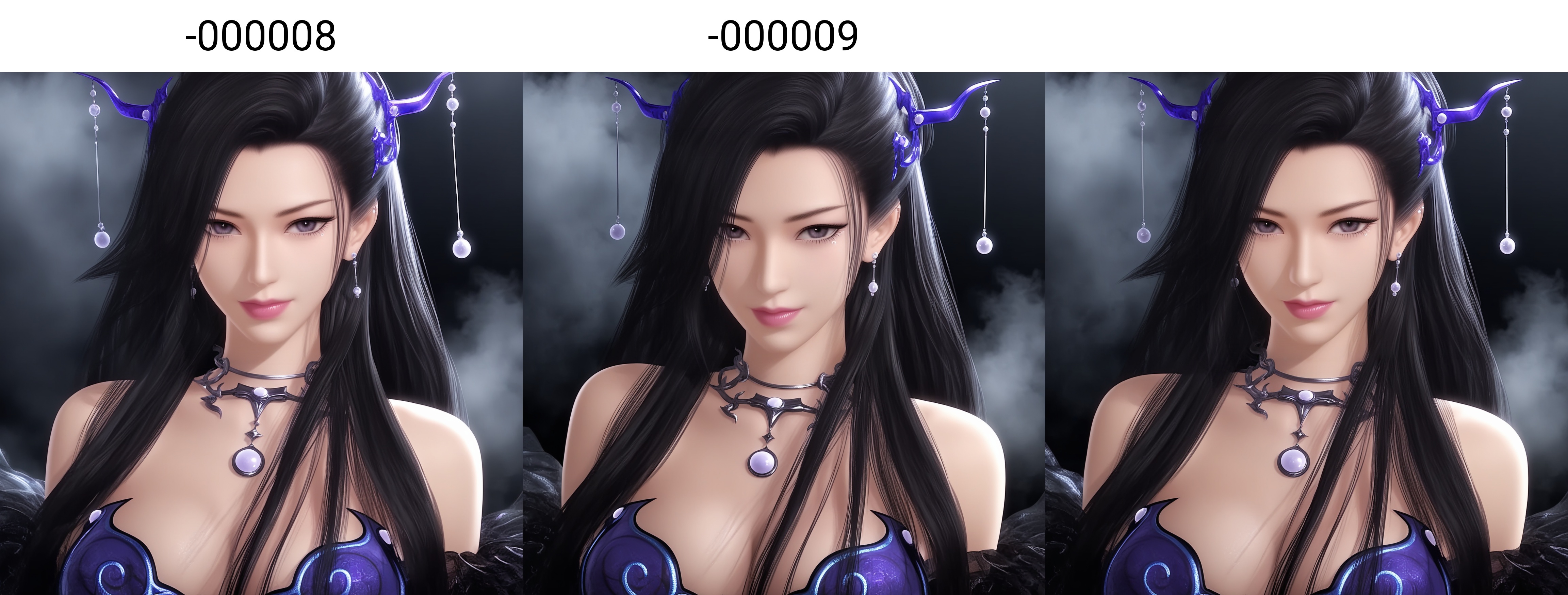 (score_9),masterpiece,best quality,absurdres,highres,(white_skin),light_skin,BREAK<lora:潮女妖-ill-000008:0.83>,1girl,solo,long hair,black hair,makeup,jewelry,hair ornament,necklace,earrings,looking at viewer,front view,face_foucs,BREAKsimple background,black background,Tyndall effect,fog,