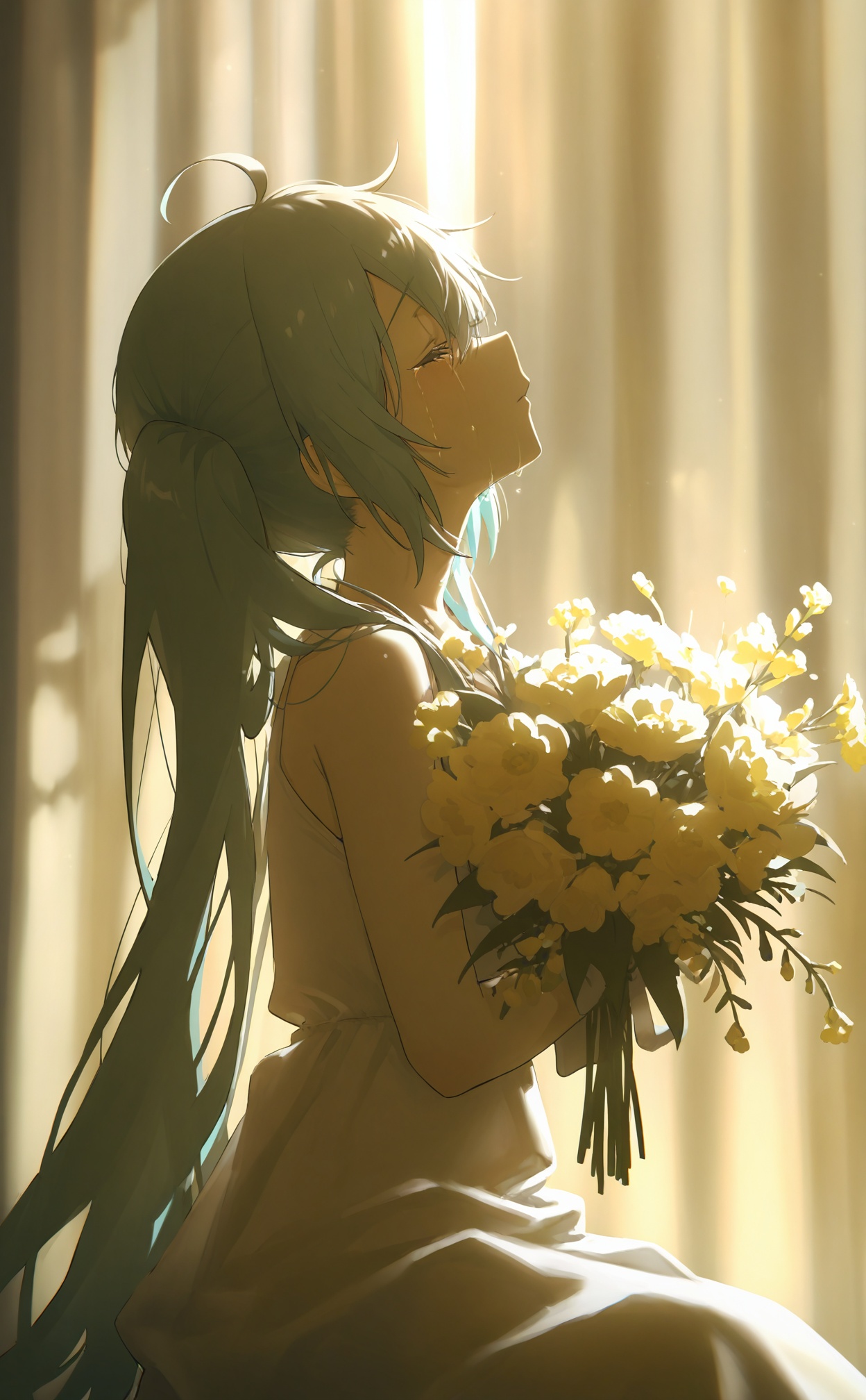masterpiece,highres,absurdres,newest,best quality,high quality,loli,petite,chromatic_aberration,//,1girl, hatsune_miku, flower, solo, closed_eyes, bouquet, long_hair, holding_bouquet, twintails, holding, yellow_flower, sunlight, dress, from_side, tears, crying, profile, very_long_hair, dappled_sunlight, sitting, sleeveless, parted_lips, aqua_hair, white_dress, sidelighting, eyelashes, bare_shoulders, curtains, sleeveless_dress, backlighting, holding_flower, hair_between_eyes, blurry, ahoge, streaming_tears, sidelocks, yellow_theme, facing_up, light_rays, closed_mouth//,<lora:konya_karasue3——【noob】hans:0.7>,