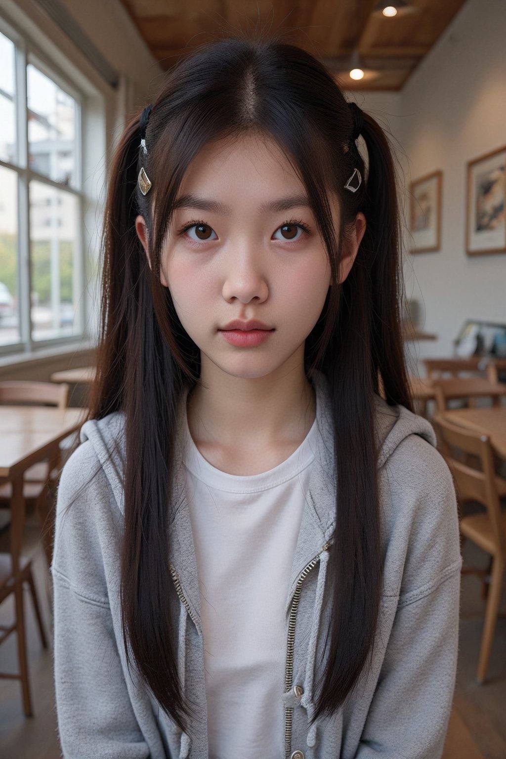 This is a photograph of an Asian woman with long,  straight black hair,  styled in two side ponytails secured with hair cl...