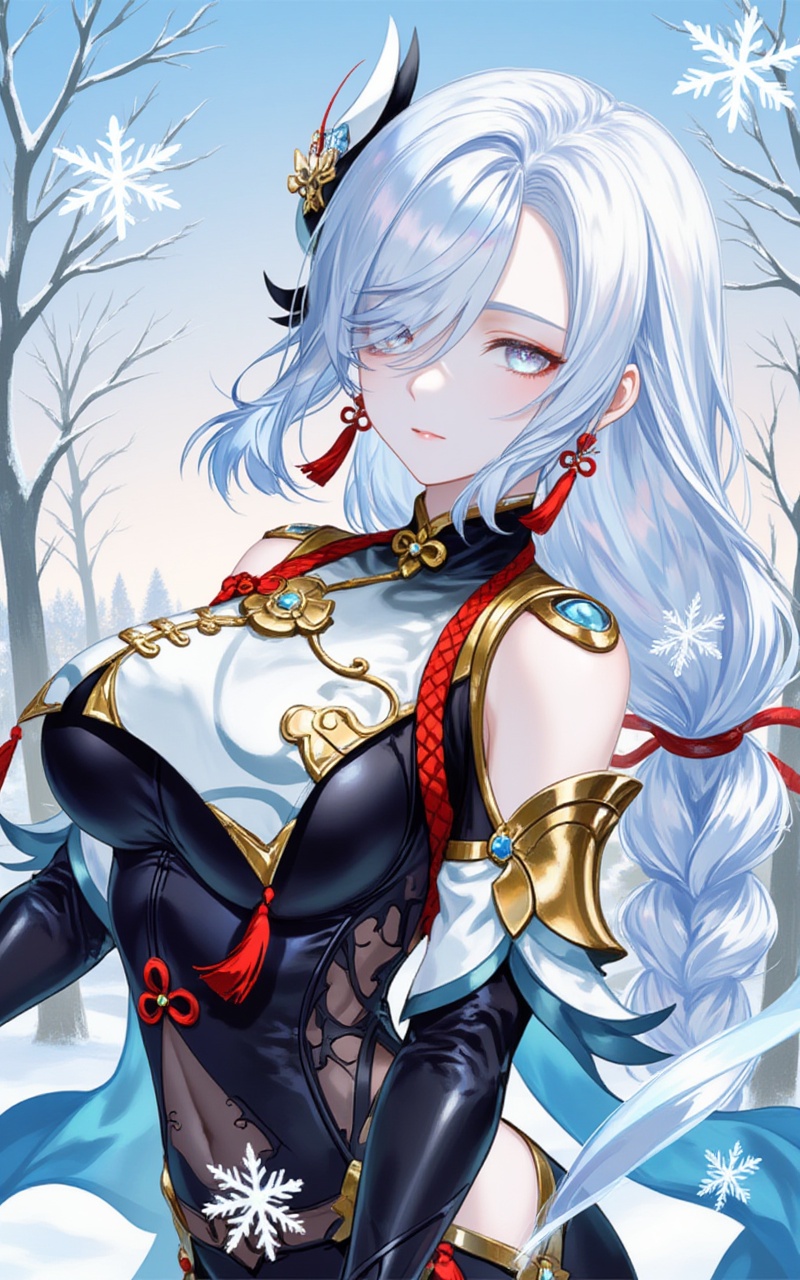 <lora:2D申鹤8:1>,shenhe,1girl,shenhe \(genshin impact\),solo,breasts,long hair,hair ornament,braid,breast curtain,bodysuit,hair over one eye,tassel,hip vent,jewelry,large breasts,snowflakes,earrings,tassel earrings,blue eyes,shoulder cutout,braided ponytail,black bodysuit,white hair,very long hair,parted lips,gold trim,looking at viewer,clothing cutout,gloves,tree,bare shoulders,dutch angle,outdoors,black gloves,detached sleeves,covered navel,12,cover,simple background,gradient background,close-up details,outstanding style,adding a touch of dimension to your images without compromising details,close-up,<lora:DJ滤镜_2.5D版:0.2>,lvjing,<lora:油画唯美滤镜15:0.3>,baoshi,