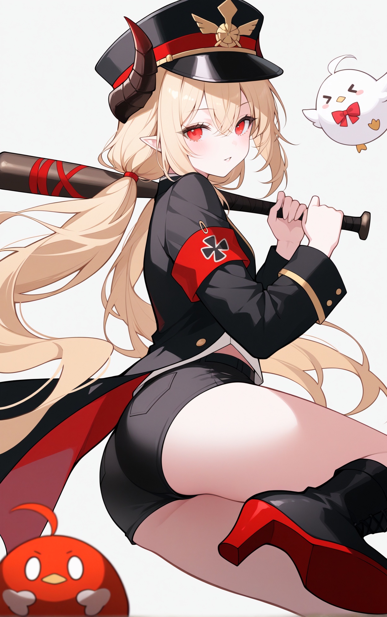 msk,CG rendering,Azur lane,ka ra ra ge tsu ne,gwwj,key999,masterpiece,best quality,very aesthetic,extremely delicate and beautiful,huge filesize,amazing quality,32K UHD,ultra-detailed,photorealistic skin,depth of field,8k,(sheya:0.4),(Qiandaiiu:0.3),(koahri:0.4),sexy,(MeIoN:0.4),(wumai:0.4),(ssr:0.7),(SG:0.9),(netural:0.6),(Fungi:0.3),(ABPART:0.7),(D. I .S.H:0.6),(sorananiiro:0.4),(san:0.3),((eichi)_nagatochi:0.9),mature_female,(torino:0.2),glamor,wallpaper,cosplay,cinematic_angle,real,(by Devilworld:0.3),clear,cute,bishoujo,kawaii,nsfw,newest,latest,(hitokomoru:0.4),(miyuki:0.8),beautiful detailed eyes,beautiful detailed lips,extremely detailed eyes and face,delicate features,graceful pose,ethereal atmosphere,soft lighting,enchanting,illustration,anime style,vivid colors,sharp focus,professional,extreme detail description,ZX light,masterpiece,best quality,very aesthetic,extremely delicate and beautiful,Noise and grain,huge filesize,amazing quality,foreshortening,cinematic_angle,//,freng, shorts, 1girl, ass, boots, jacket, hat, short shorts, high heels, blonde hair, black jacket, baseball bat, simple background, horns, looking at viewer, red eyes, weapon, looking back, from behind, holding, black headwear, high heel boots