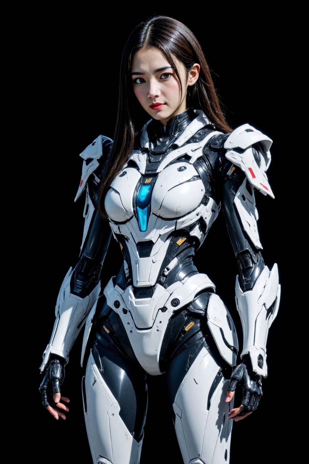 HDR photo of cinematic film still A futuristic female cyborg stands confidently against a black background. She has a slender, athletic build with long, straight black hair. Her skin is pale, almost porcelain-like. She wears a sleek, white and blue armored suit with intricate, mechanical details. Her outfit includes a high-collared, . shallow depth of field, vignette, highly detailed, high budget, bokeh, cinemascope, moody, epic, gorgeous, film grain, grainy . High dynamic range, vivid, rich details, clear shadows and highlights, realistic, intense, enhanced contrast, highly detailed